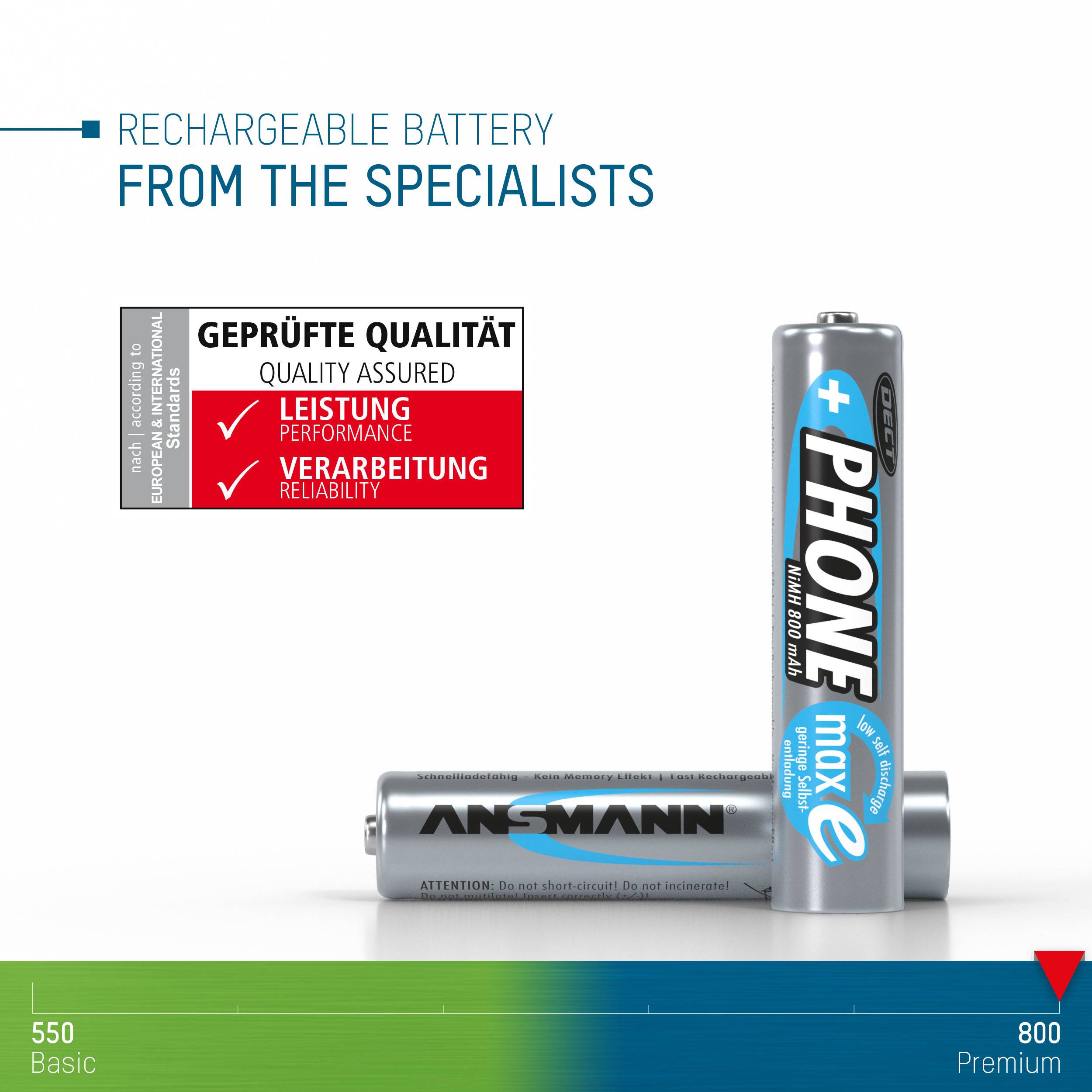 Two rechargeable batteries positioned vertically and horizontally, with 'PHONE' text. Quality seal in the top left corner. Colour scale at the bottom indicates performance from Basic to Premium.