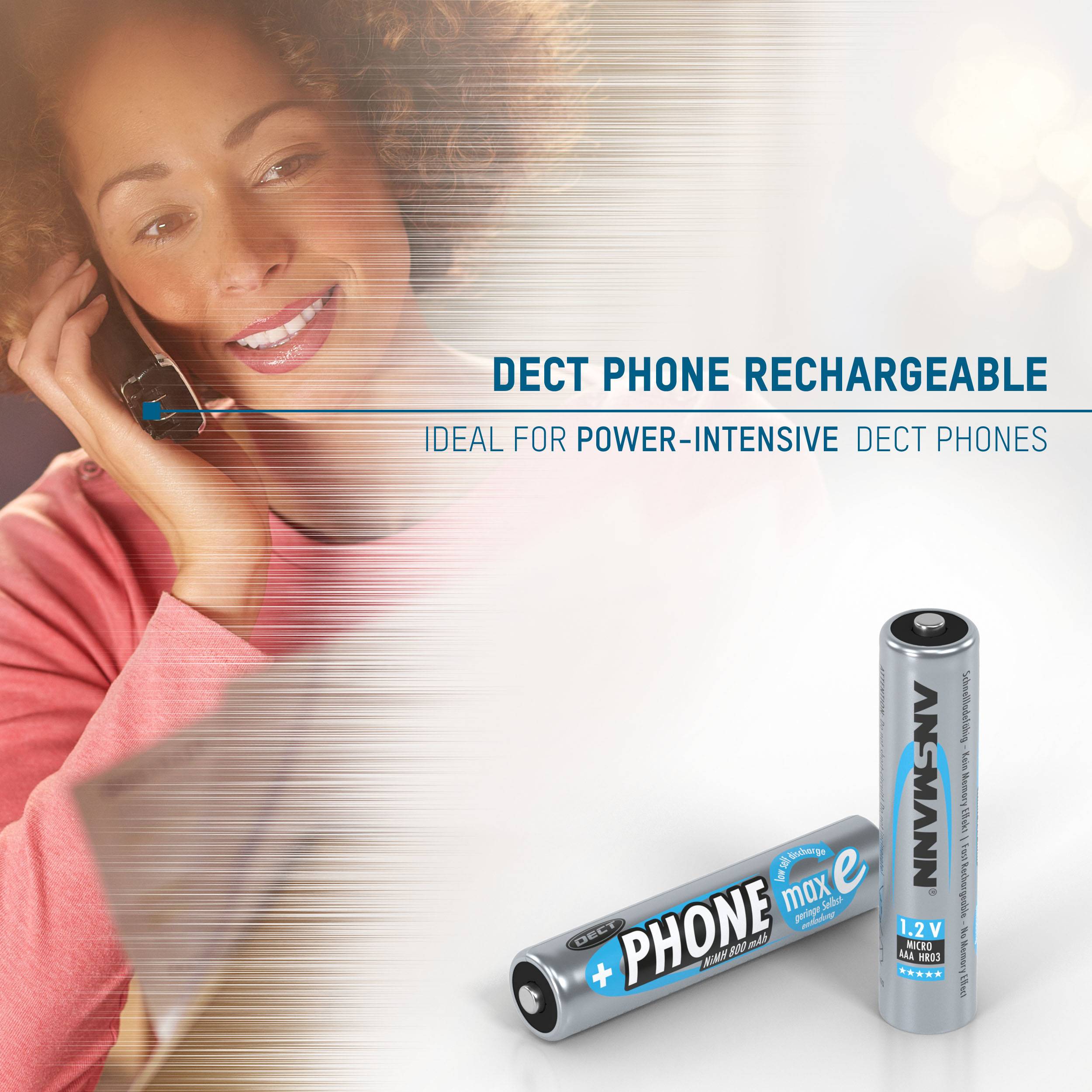 A woman is on the phone, smiling. Advertisement: 'DECT PHONE RECHARGEABLE', ideal for power-hungry DECT phones. Shows batteries.