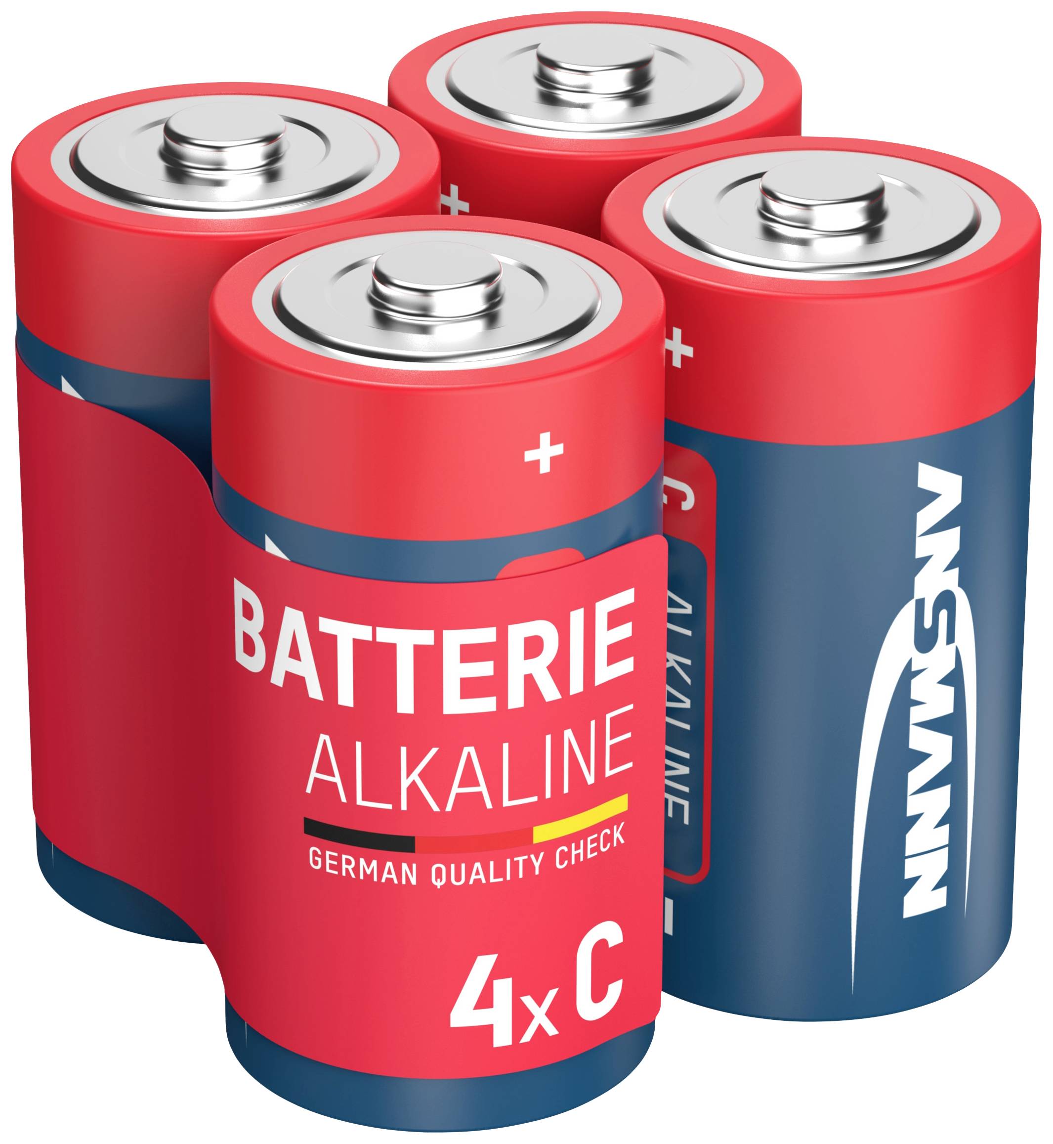 Four red and blue alkaline C batteries with the inscription 'Alkaline Battery' and 'German Quality Check'.