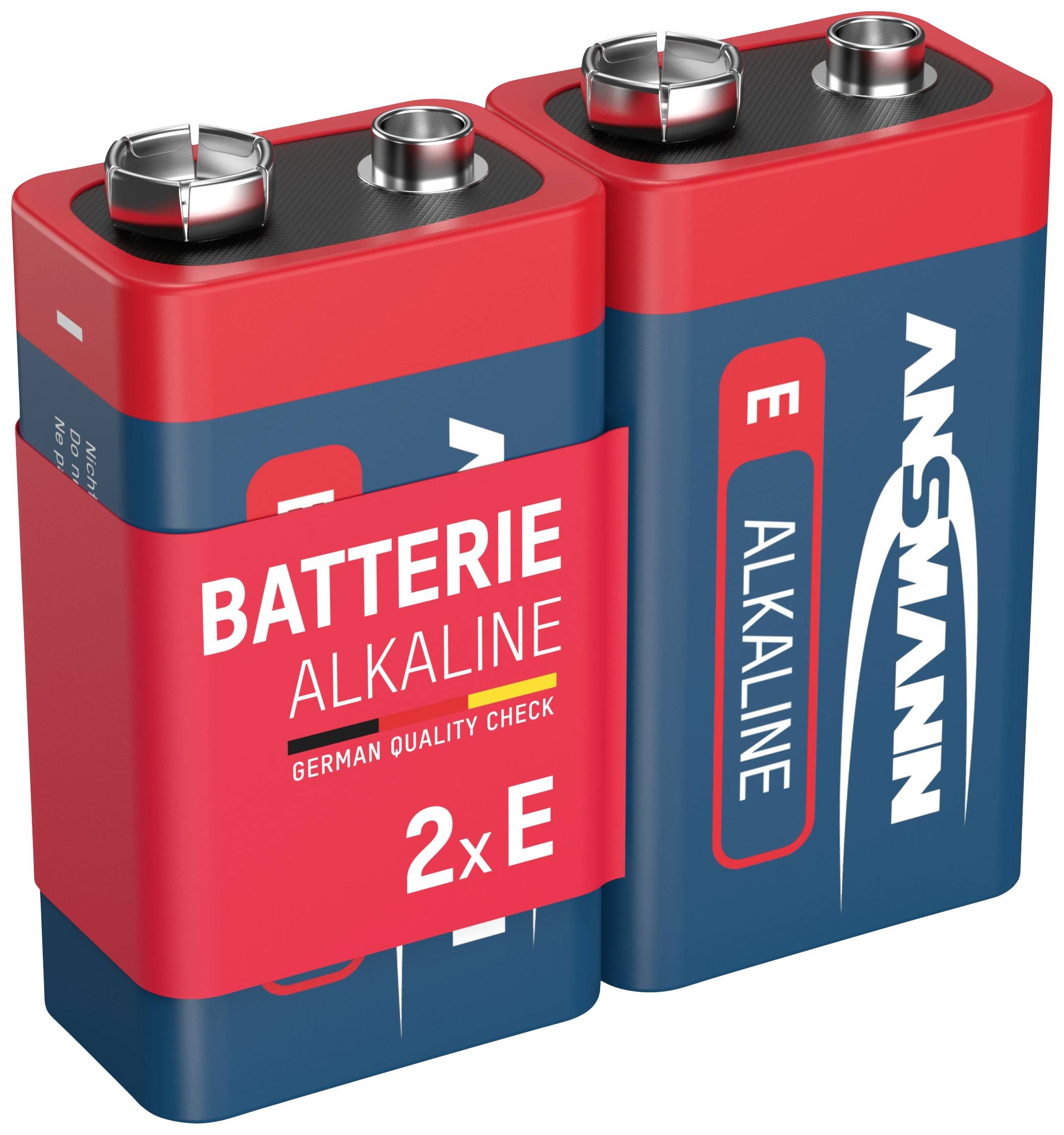 'Alkaline battery pack with red and blue design. Contains 2 pieces, marked with 