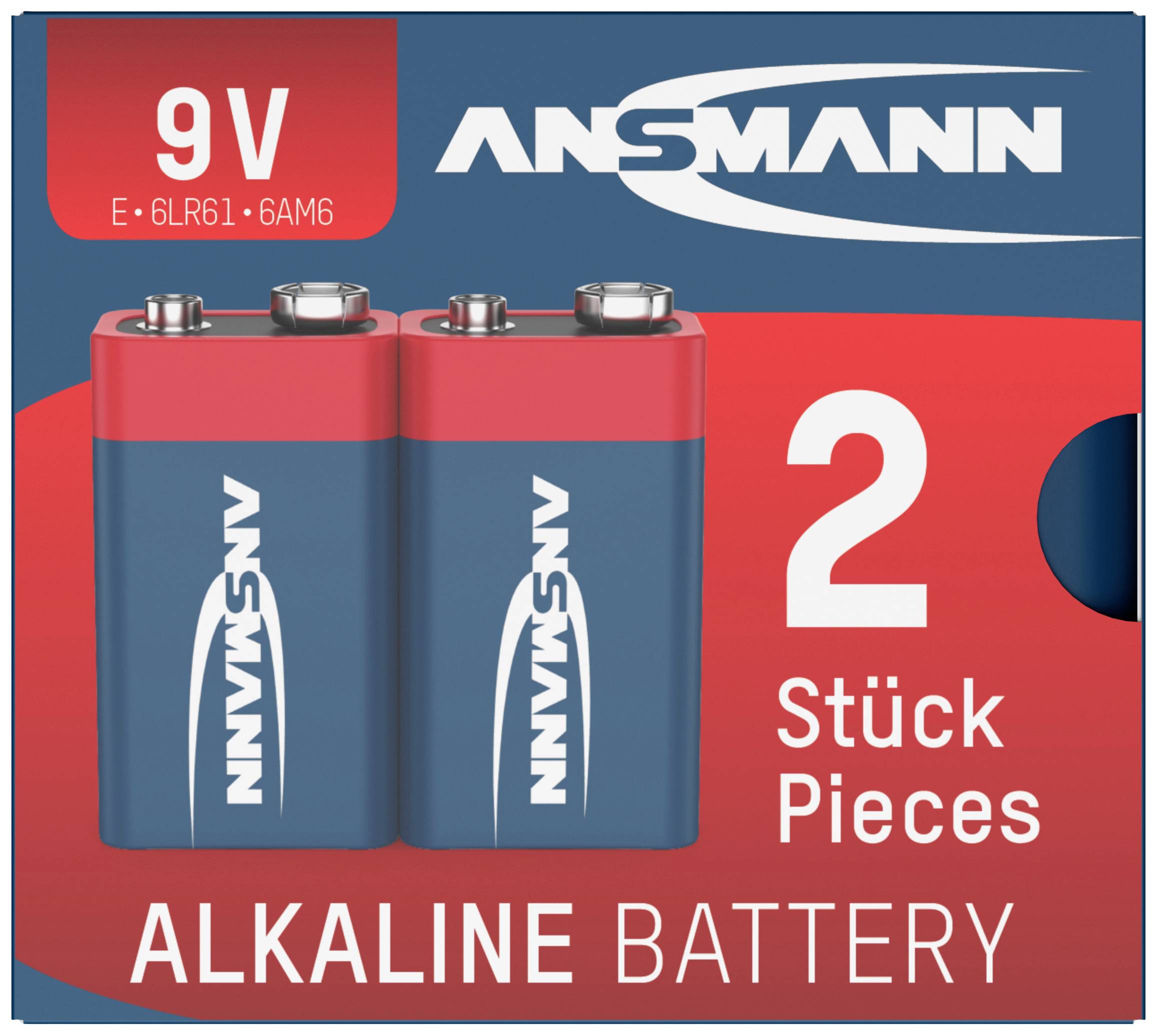 'Packaging containing two 9V Alkaline batteries by the Ansmann brand. Red and blue box, labelled 