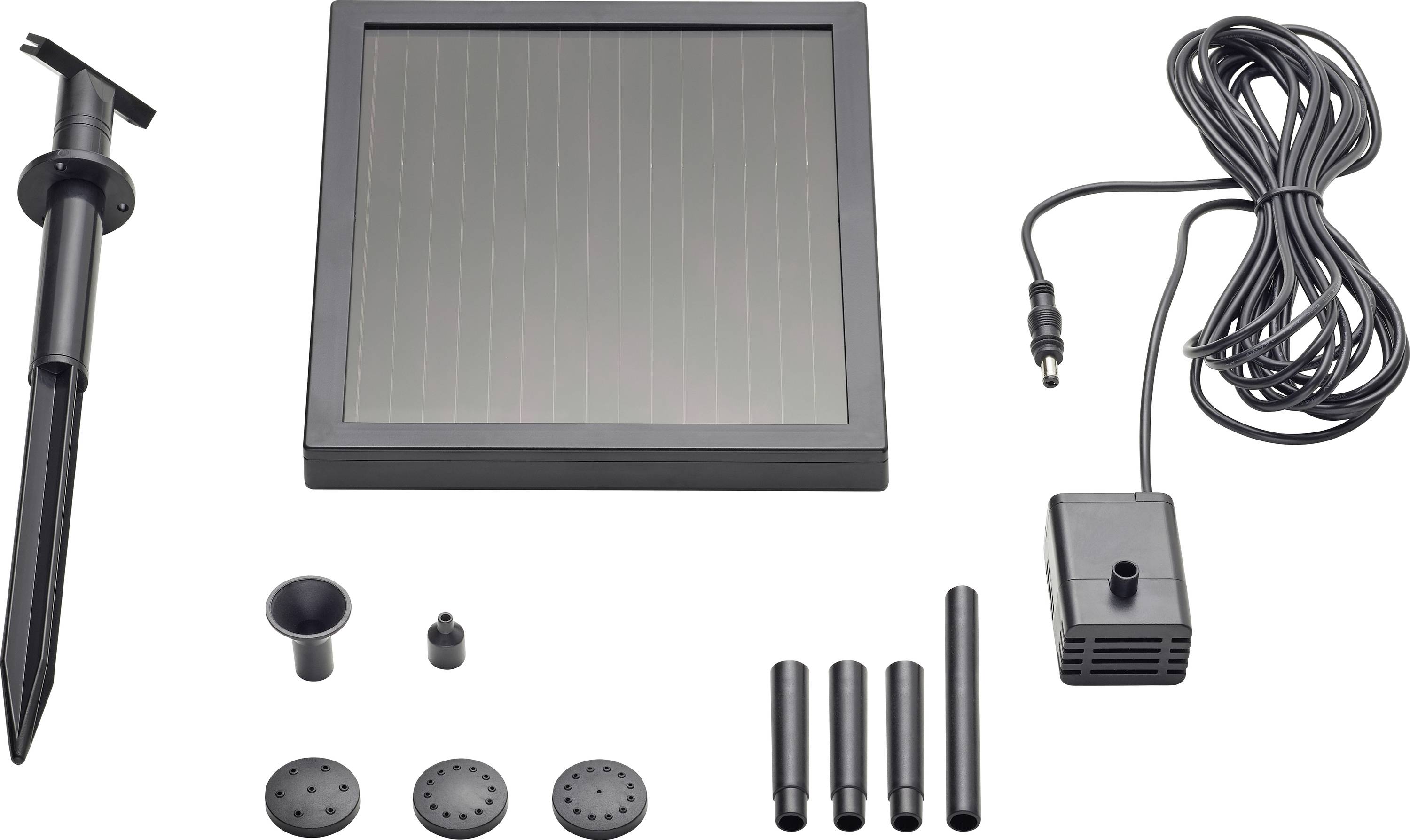 A solar-powered water pump kit with solar panel, water pump, connecting cable, ground stake, nozzle, and assorted attachments.