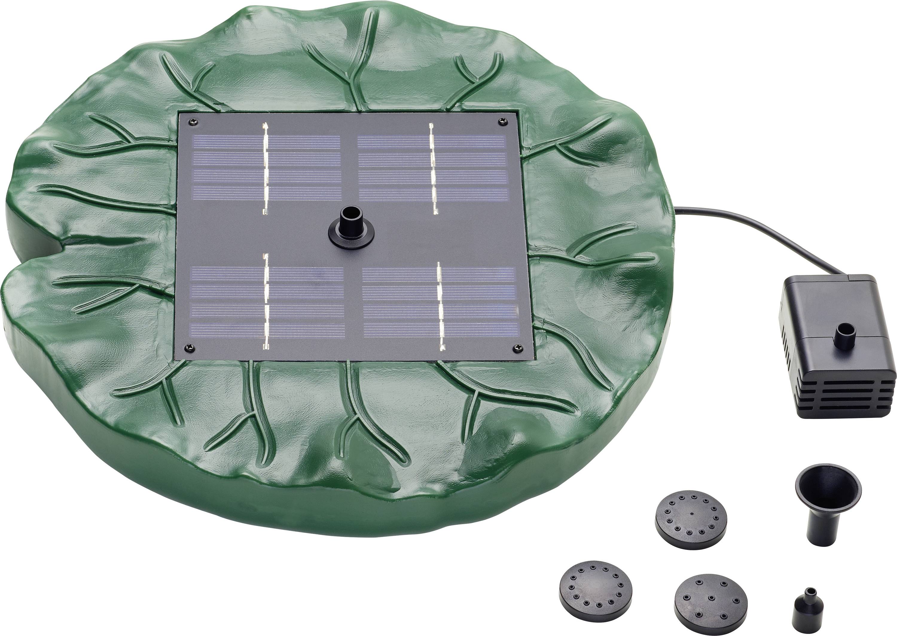 Round green leaf-shaped solar fountain pump with four solar panels and accessories, including interchangeable fountain heads.