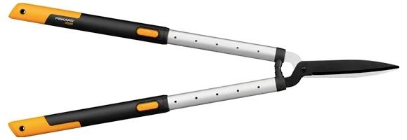 Garden hedge shears with black and orange handles, designed for trimming bushes and hedges.