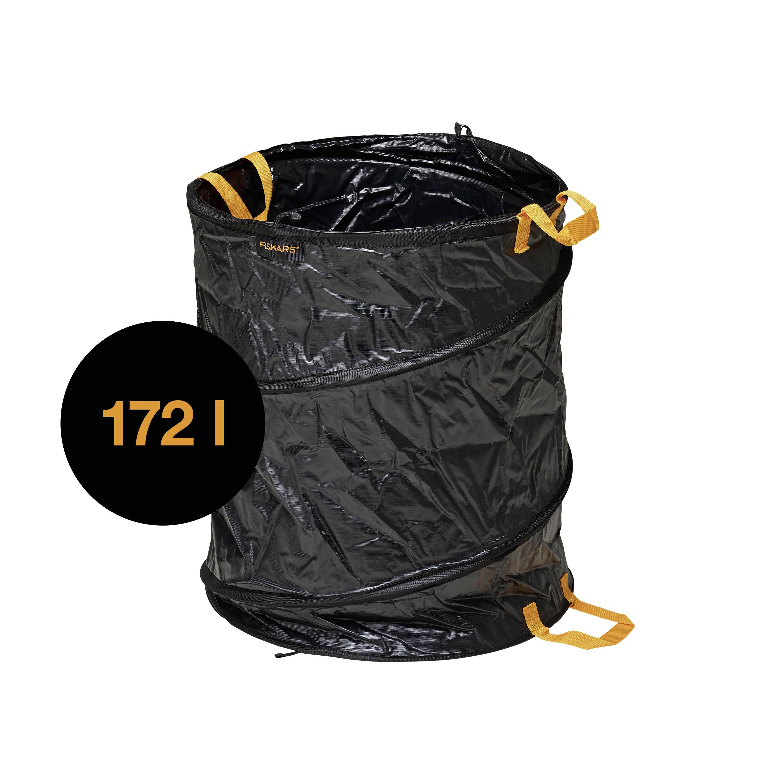 Collapsible garden waste bag with 172-litre capacity. Black design with yellow handles.