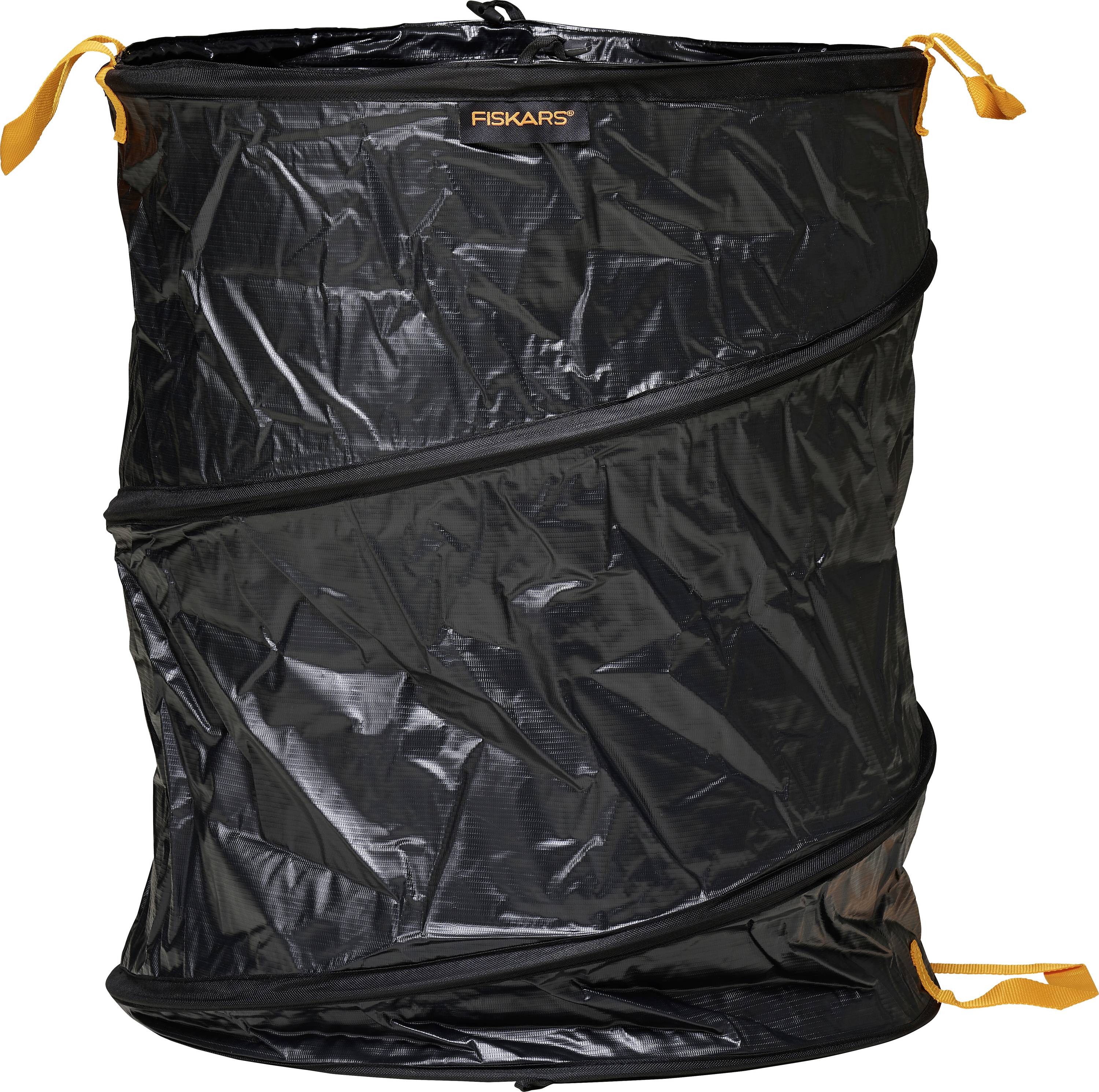 Black, robust, foldable garden waste bag with orange handles, suitable for gardening and leaf collection.