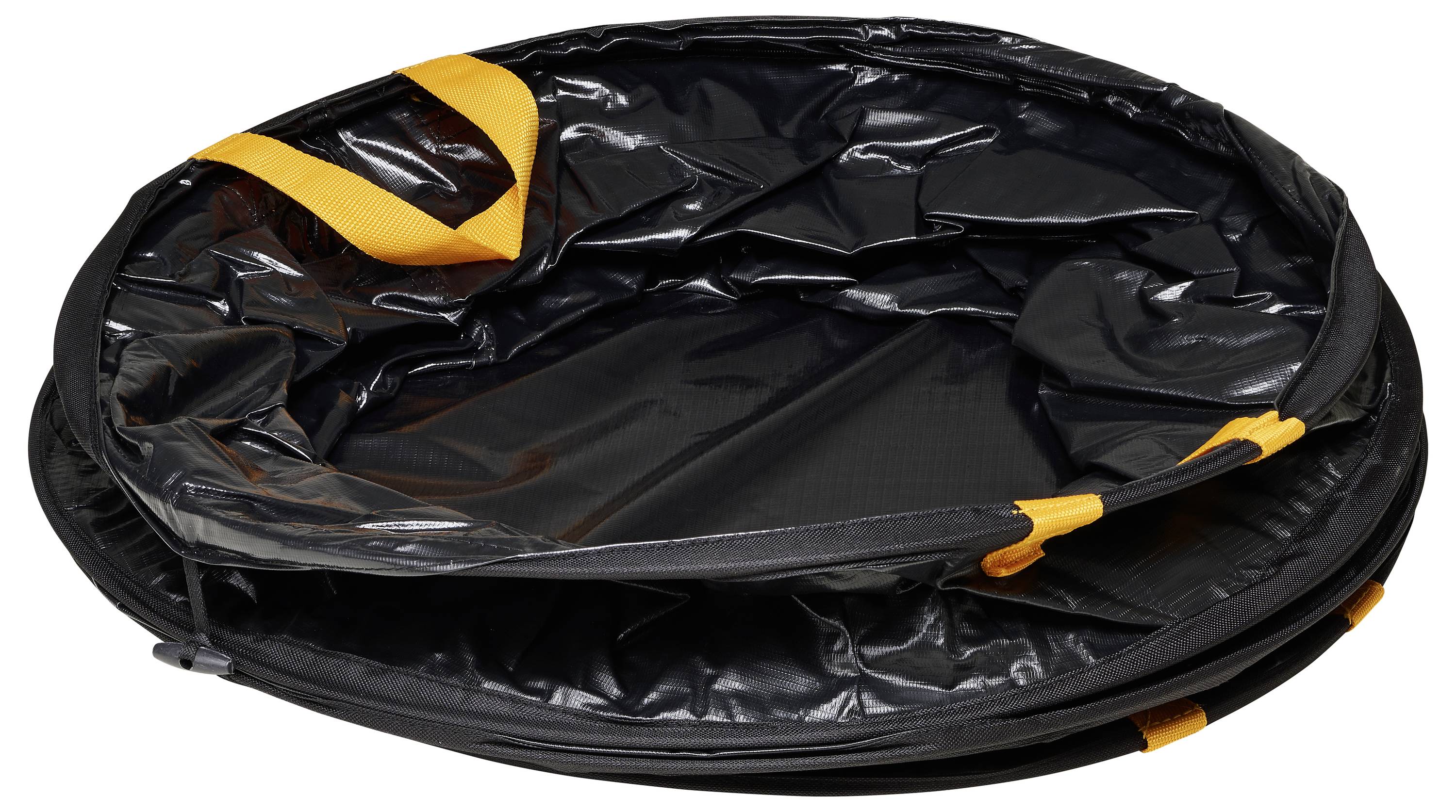 Black foldable carry bag with orange handles, open at the top. Ideal for laundry or storage.