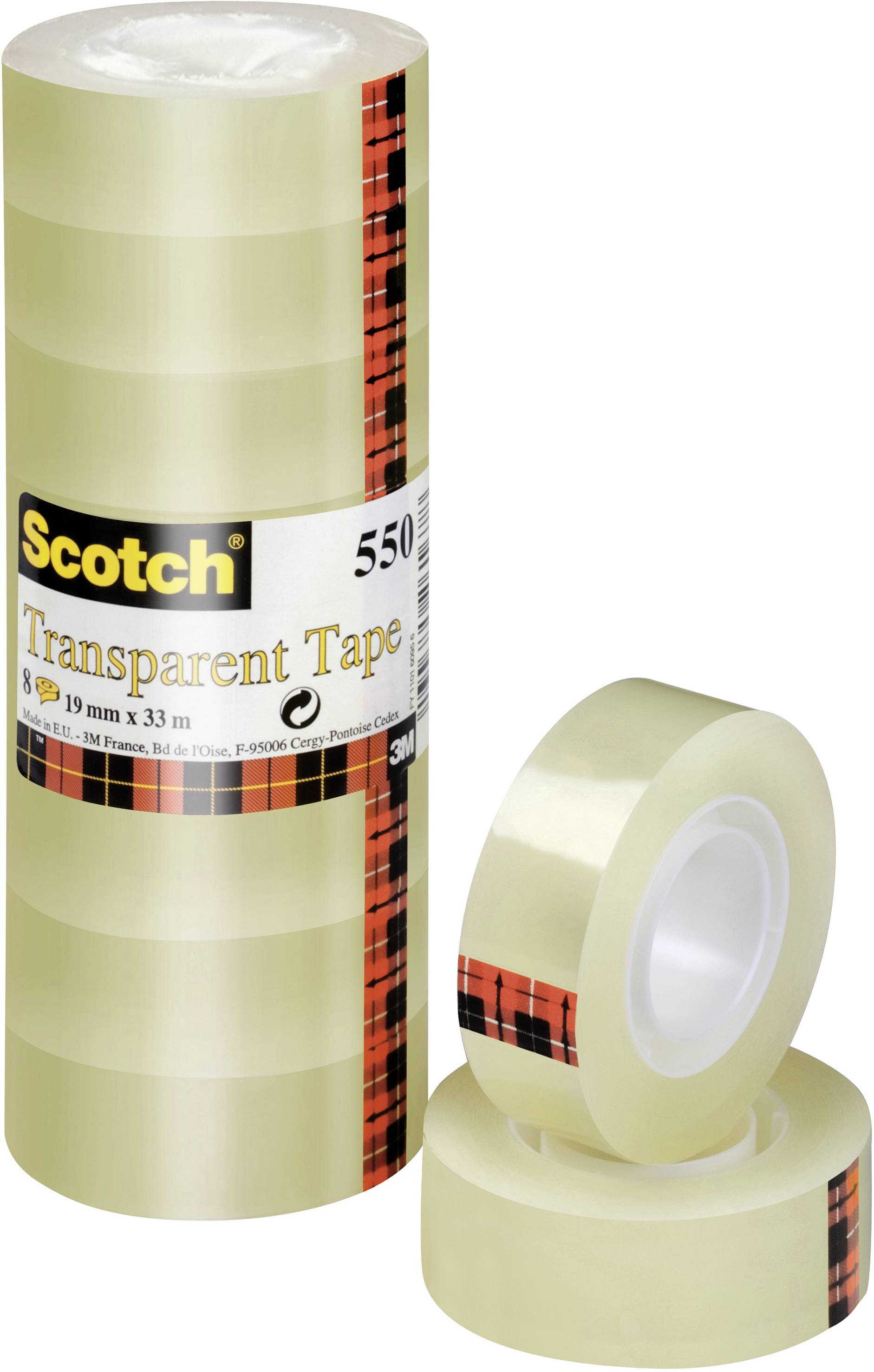 Transparent Scotch tape roll, Model 550, 19 mm x 33 m. Two rolls are positioned separately in front.