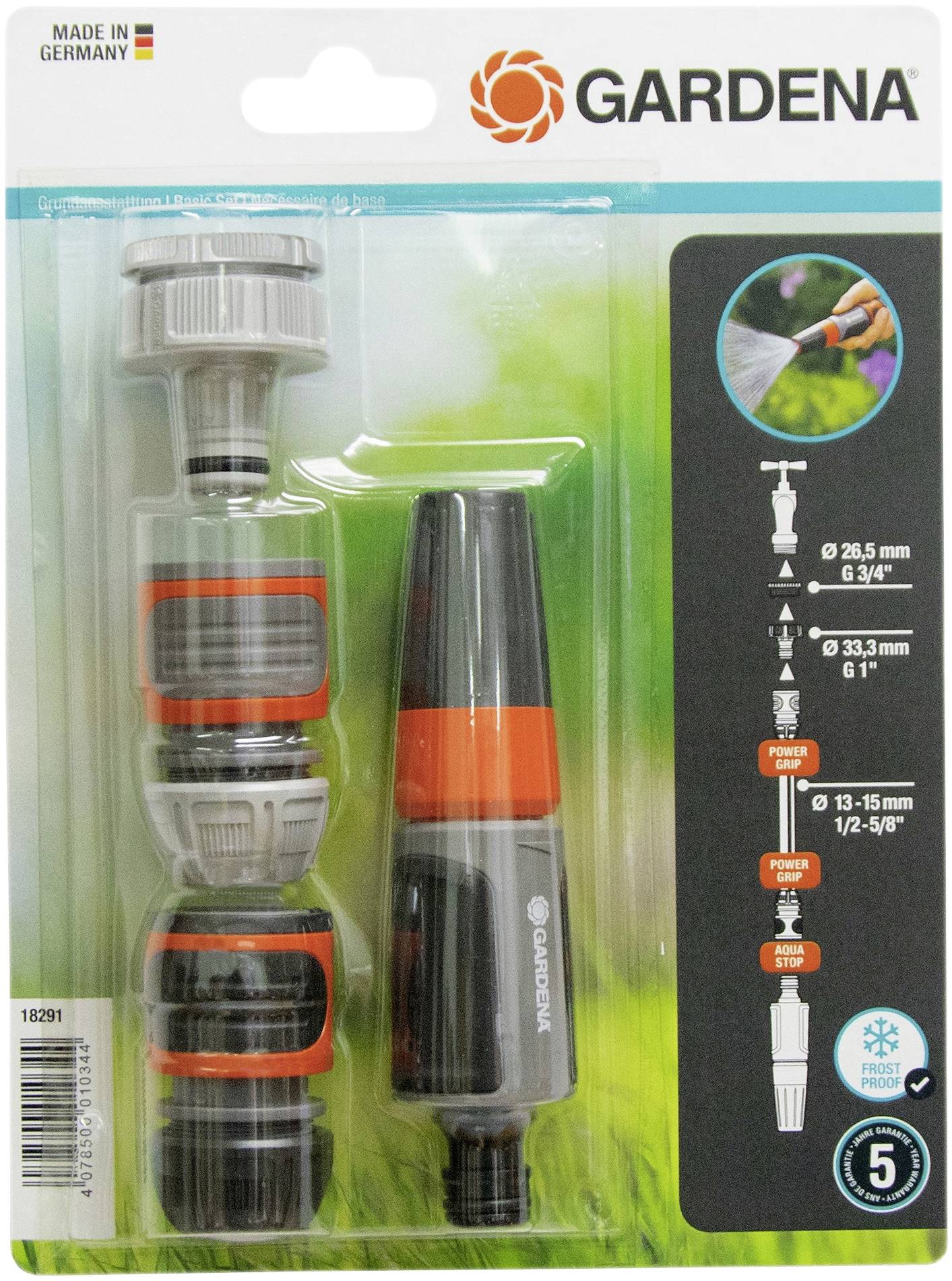 'Gardena' Hose Connector Set in Plastic Packaging. Contains Hose Adapters and Water Stop in Various Sizes. Product from Germany.