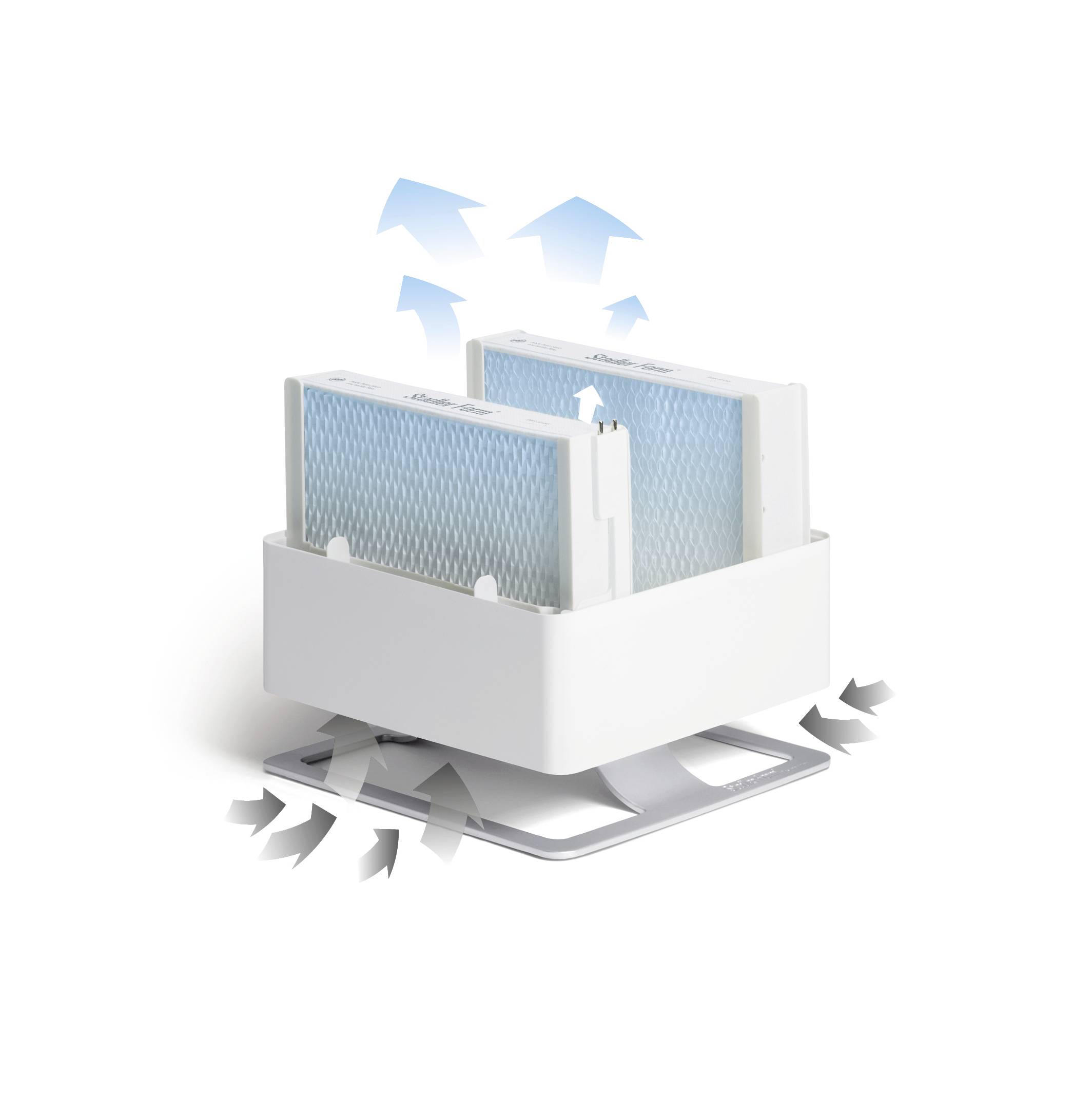 White box with two blue filters, airflow indicated by arrows.