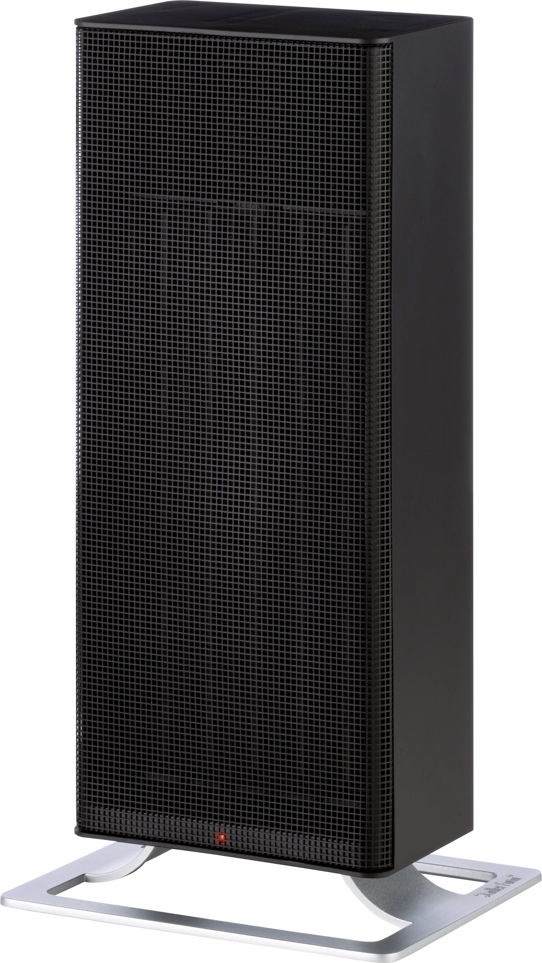 Black floor-standing loudspeaker on a silver base, rectangular in shape, with a grille on the front.