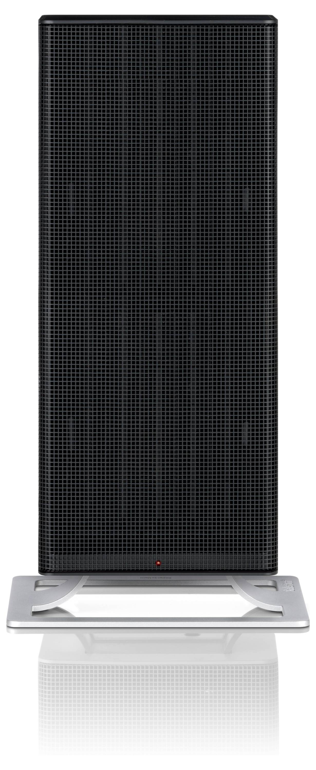 Black tower fan with rectangular design on a silver base. Elegant and modern, for cool air circulation.