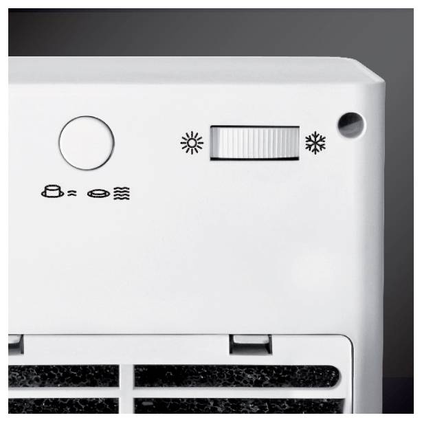 A white household appliance with buttons and symbols for a cup, a plate, light and temperature controls on the top surface.