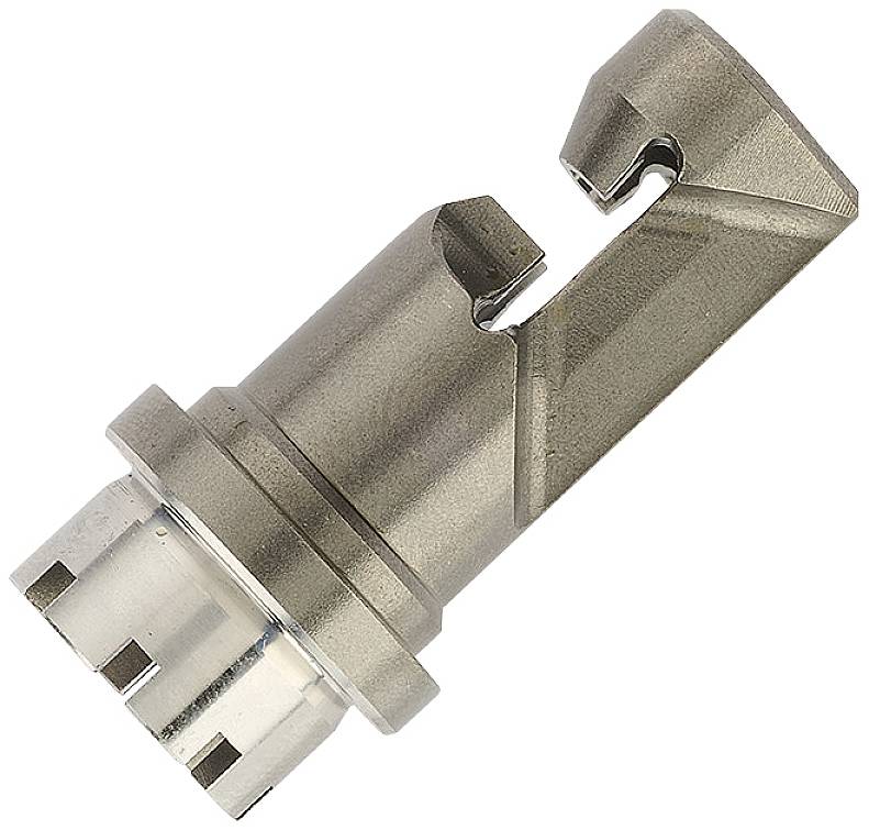 A metallic component with a cylindrical shape and chamfered edges, potentially part of a mechanical or technical device.