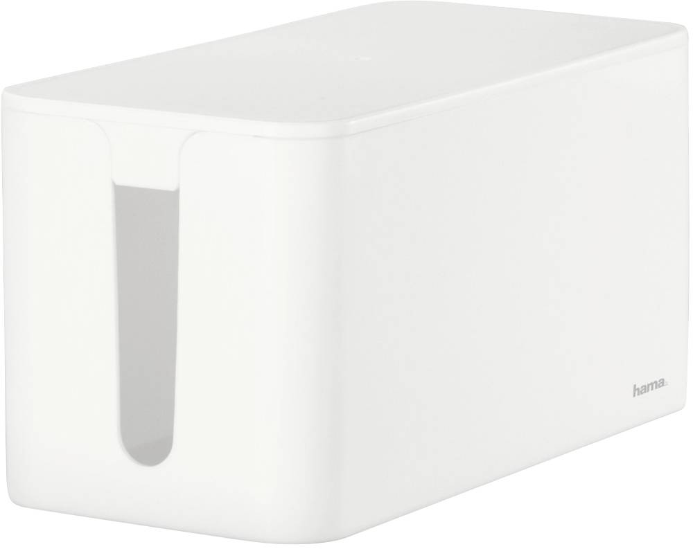 A white cable management box with a cable access slot, placed on a white surface.