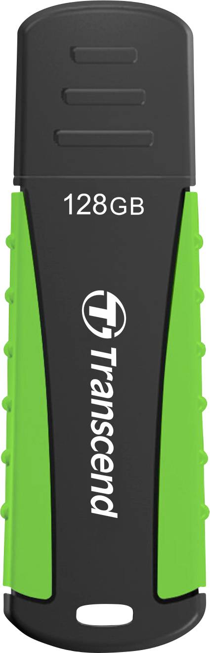 USB flash drive with a black and green casing, 128 GB capacity, brand 'Transcend'.