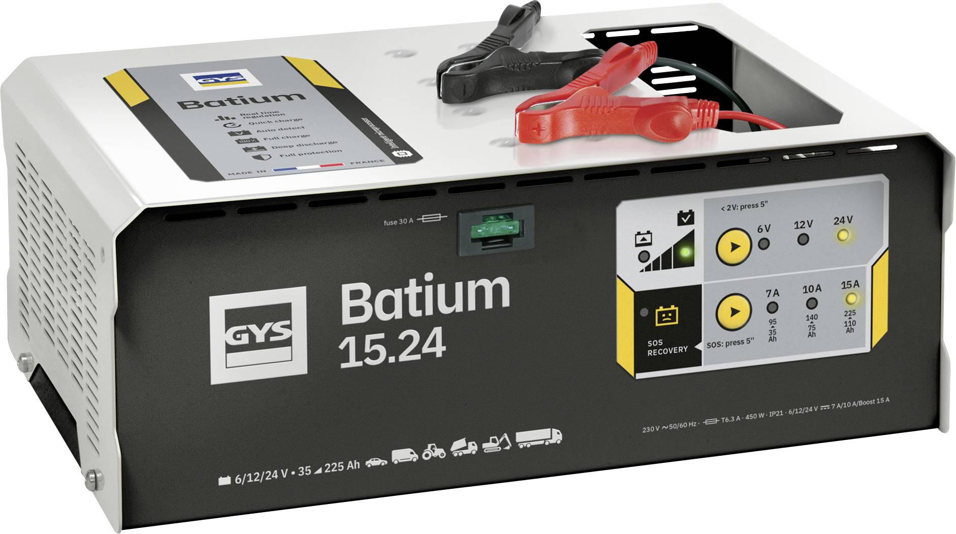 SYS Batium 15.24 battery charger with red and black clamp leads on top and front control panel for 6V, 12V, and 24V charging modes.