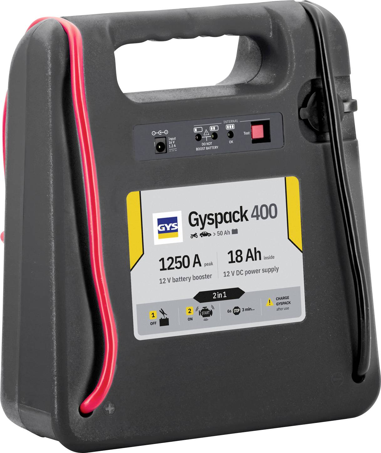 Portable GYS GYspack 400 12V battery booster and 12V DC power supply with handle, controls, and red cable