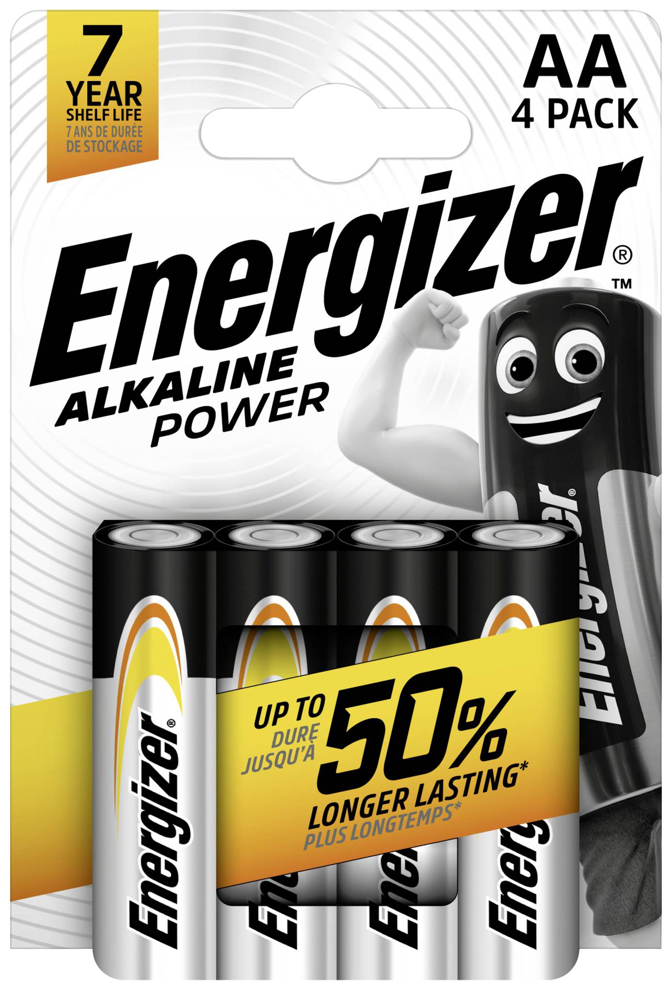 Pack of four AA Energizer Alkaline Batteries. Key features: '7-year shelf life', 'Up to 50% longer lasting'.