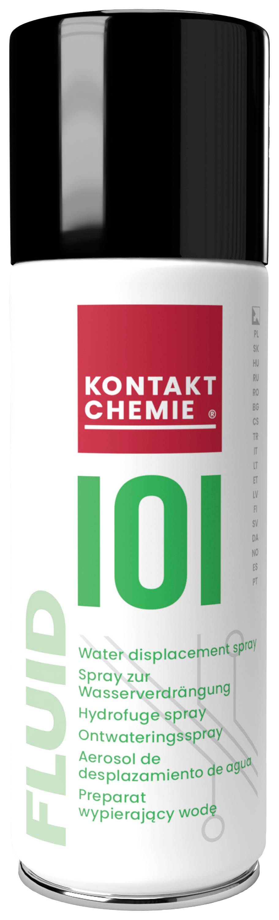 A spray can with a black lid and red label reading 'Kontakt Chemie 101 Fluid'. The container holds water-displacement spray.