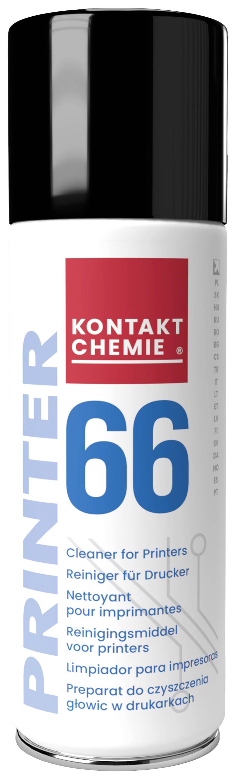 Black spray can with red and blue printing of 'CONTACT CHEMISTRY' and '66'. Contains printer cleaner, text in multiple languages.