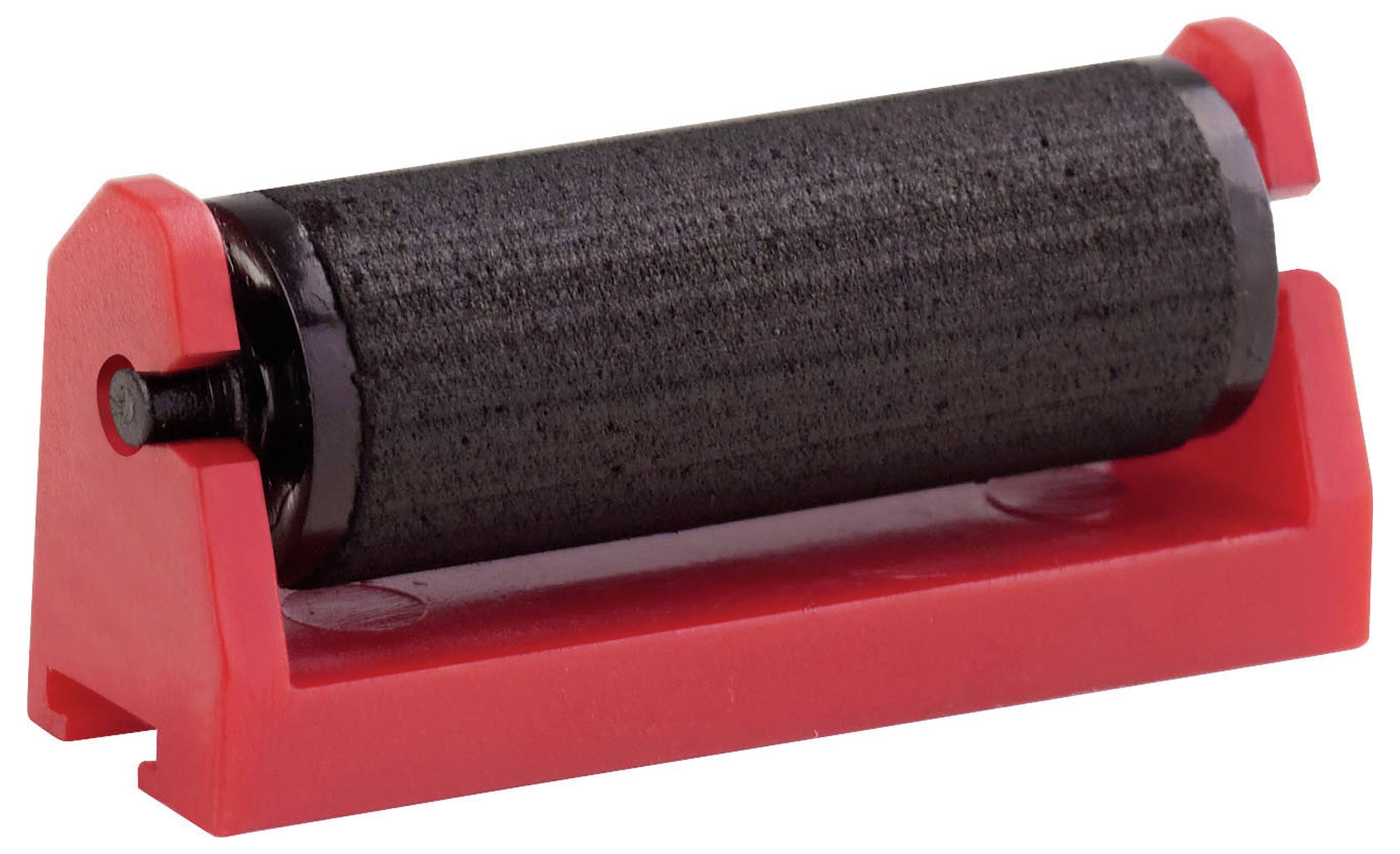 Red roller press with black roller on white background.