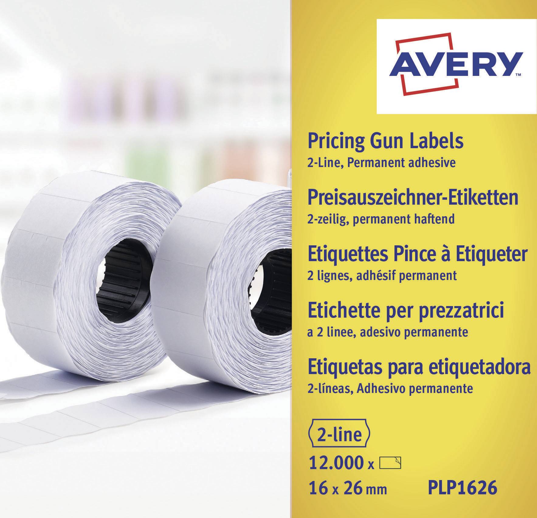 Two rolls of labels for price markers, permanently adhesive, size 16x26 mm, brand Avery, item number PLP1626.