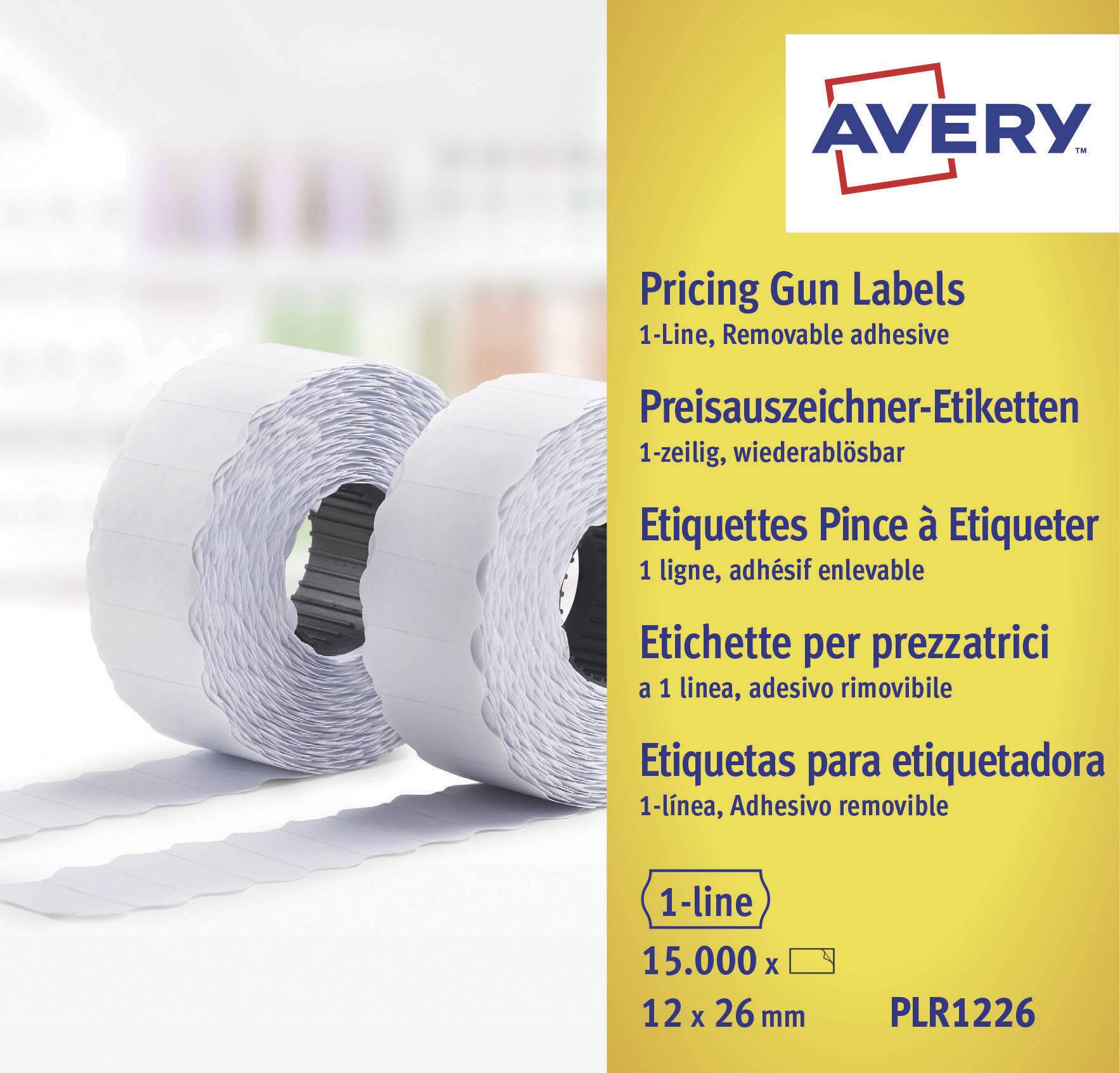 Price tag labels by 'Avery' in various languages. Single-line, removable, size: 12 x 26 mm, pack of 15,000.