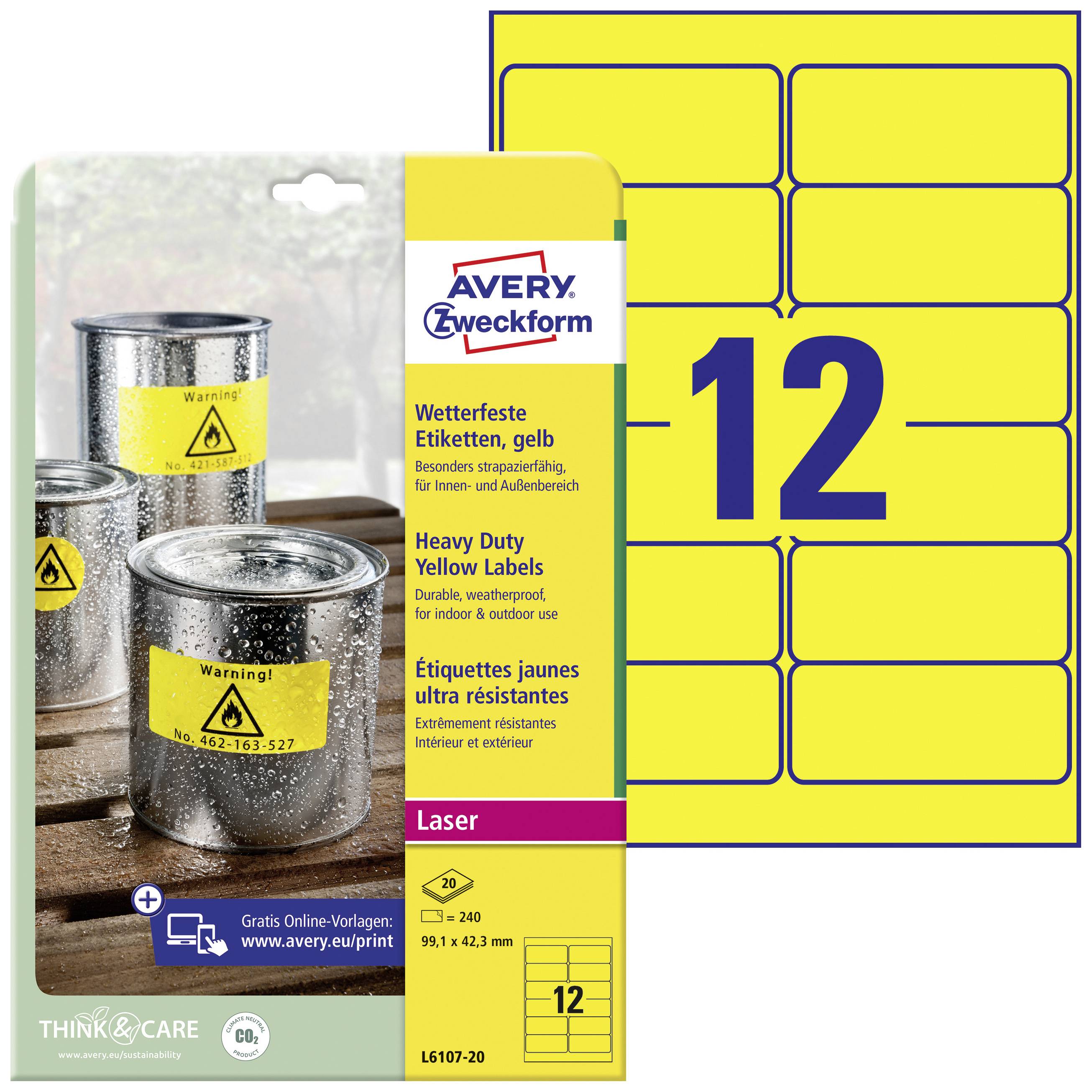 Yellow, weatherproof labels for laser printers, 12 per sheet, ideal for marking in harsh environments. Avery Zweckform.