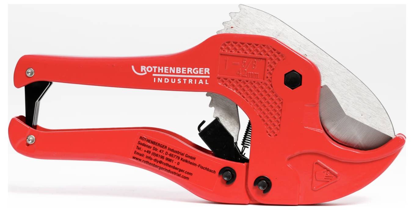 Red Rothenberger Industrial pipe cutter with open blade on a white background.