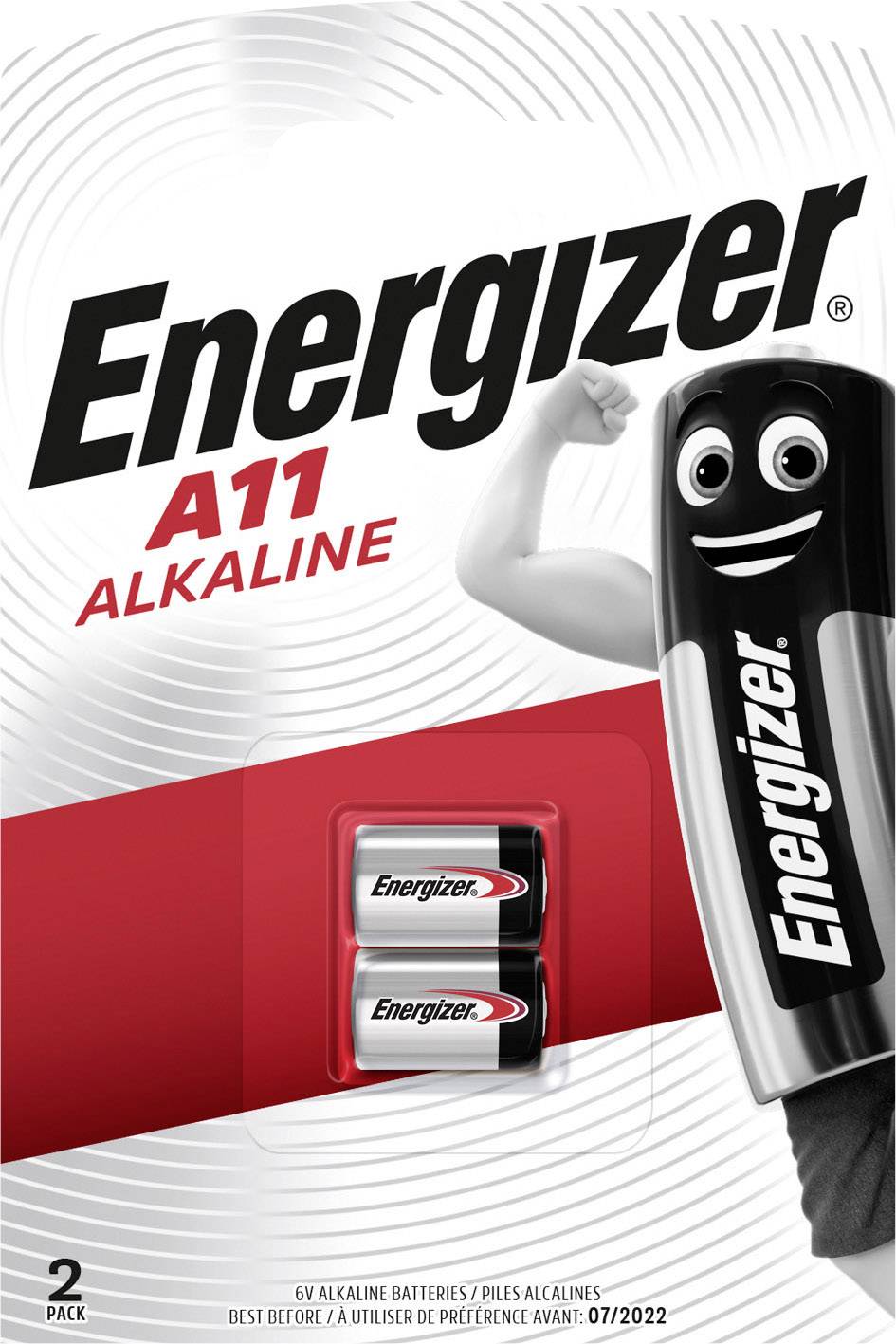 Packaging for Energizer A11 Alkaline Batteries with two batteries. Illustration of a smiling battery mascot on the right.