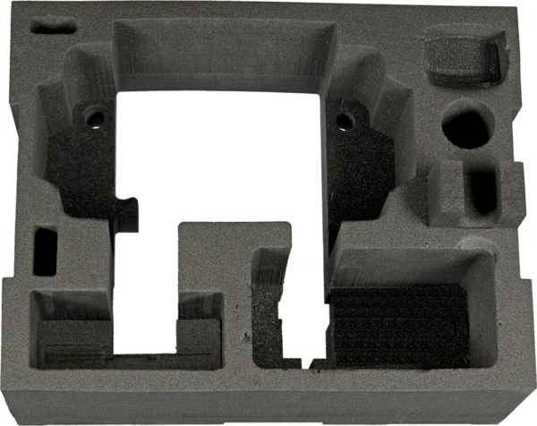 Black foam insert with various recesses in different shapes and sizes, for securely holding objects.