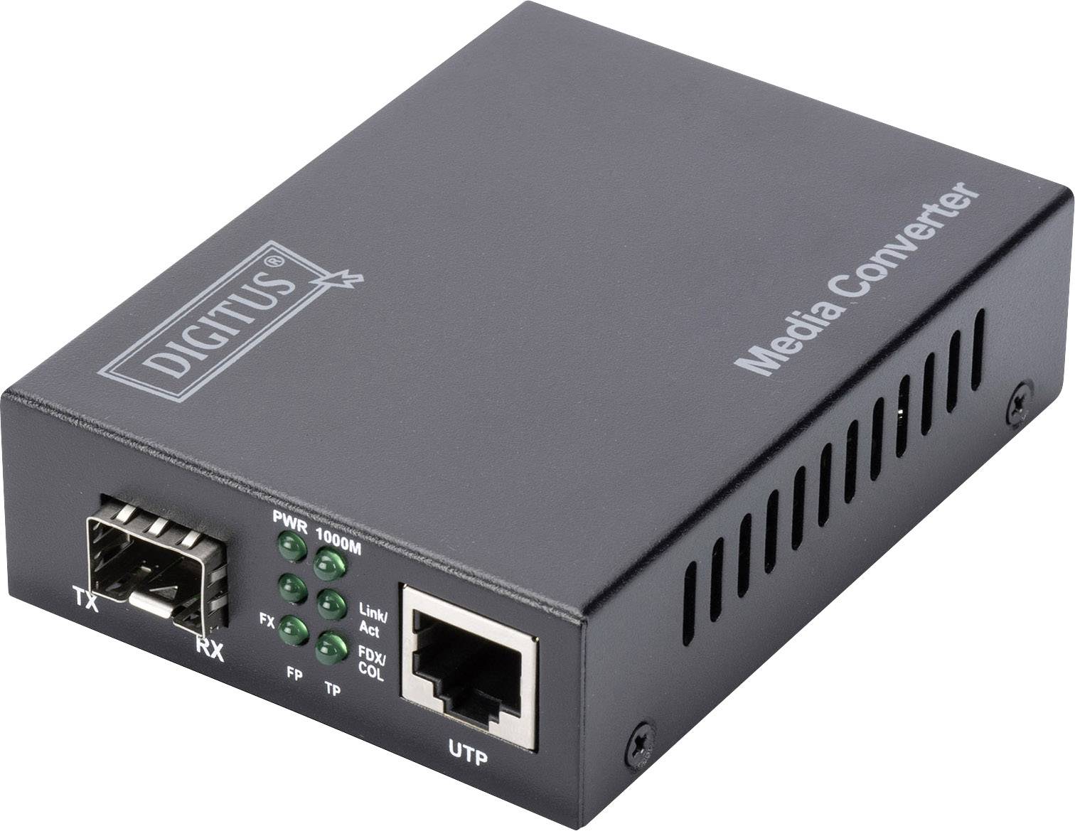 A black media converter with the brand name 'DIGITUS'. It has connection options for fibre optic cable (left) and Ethernet (right).