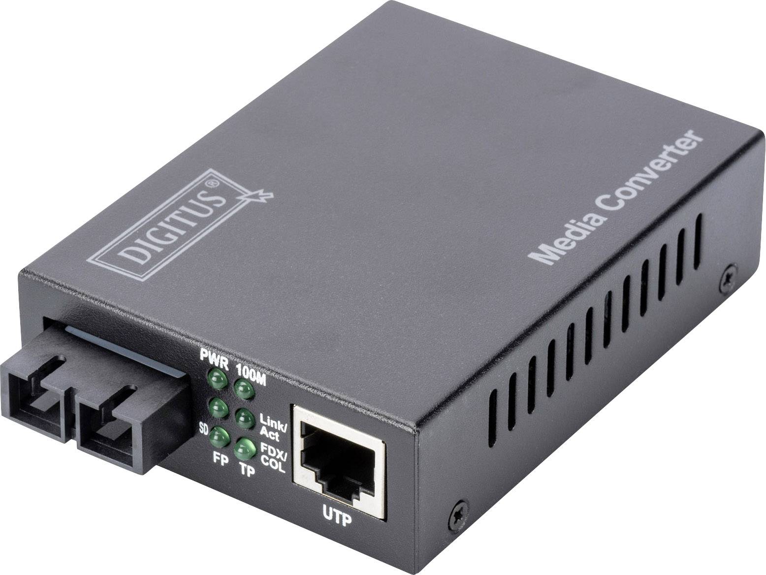 Black media converter with branded logo 'Digitus'. Equipped with ports for fibre optic and Ethernet connections. LEDs for status indicators.