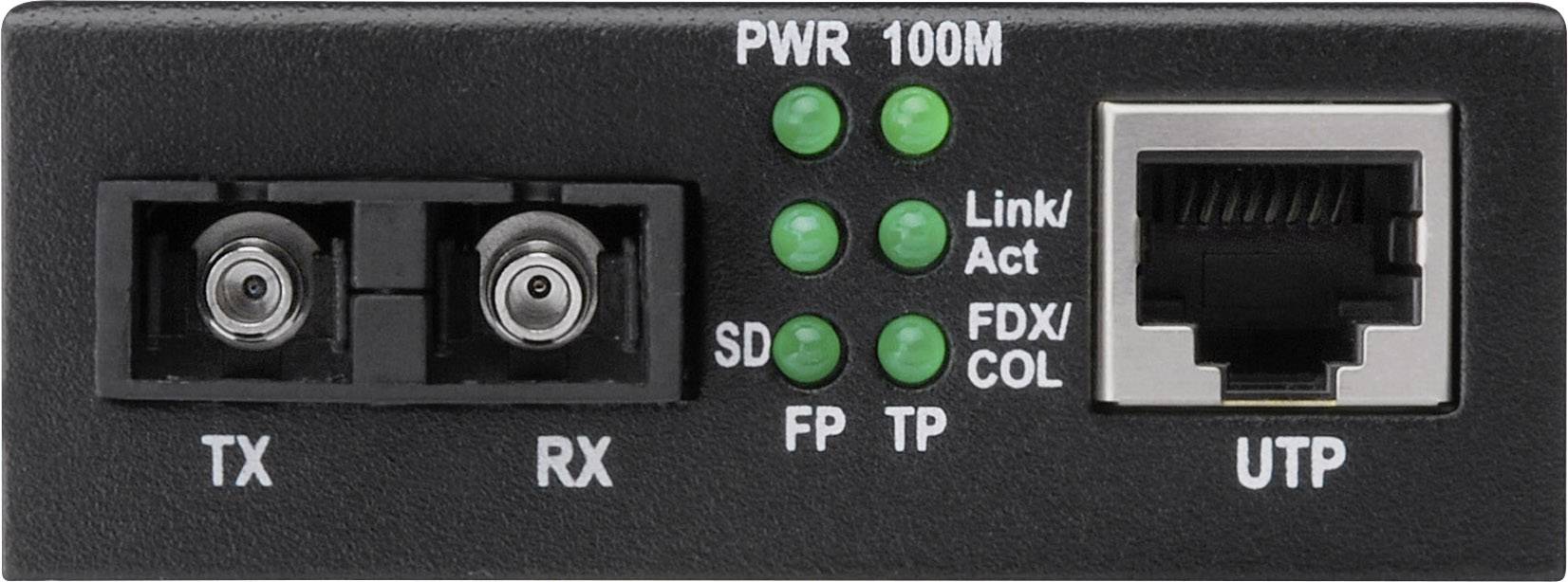 Network adapter with ports for TX, RX, and UTP. LEDs indicate 'PWR', '100M', 'SD' and 'Link/Act. FDX/COL' status.