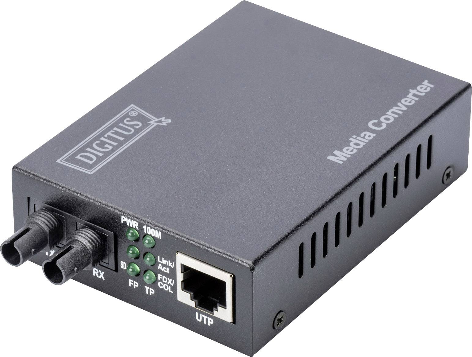 A black media converter with the inscription 'DIGITUS' and 'Media Converter'. It has two optical ports and an Ethernet port.