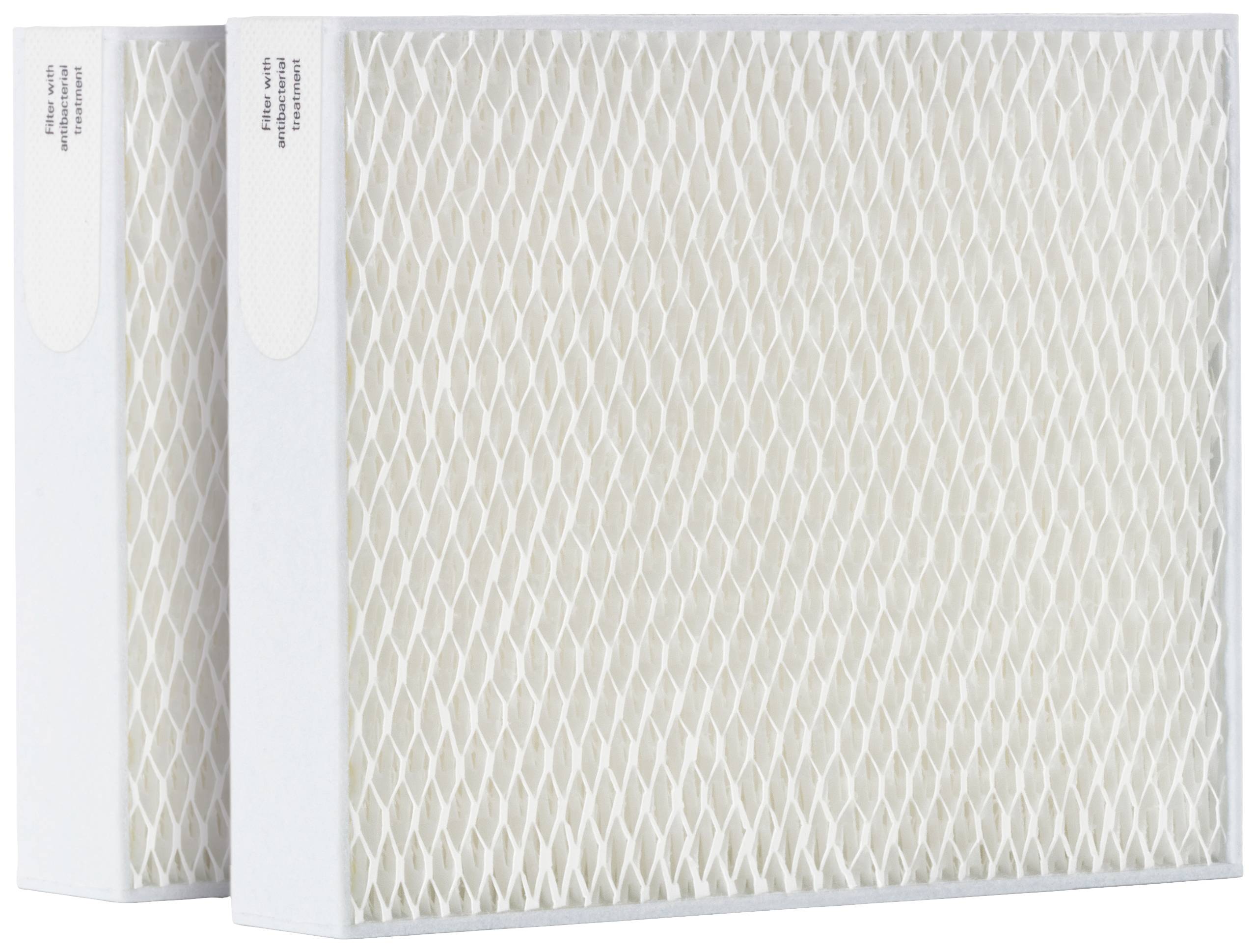 Two white air filters with a honeycomb-like pattern, standing side by side.