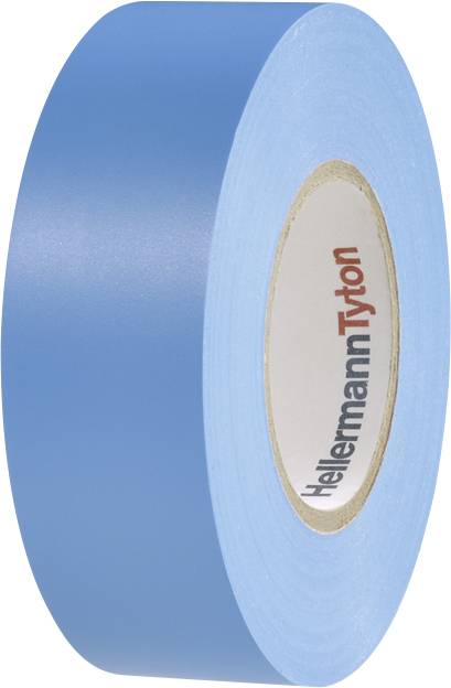Blue adhesive tape roll, HellermannTyton brand, on a white background.