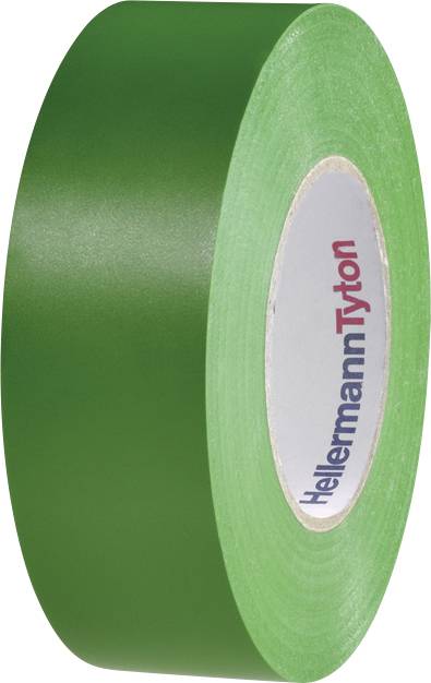 Green insulating tape with the brand name 'HellermannTyton' on the inner roll, suitable for electrical applications and labelling.