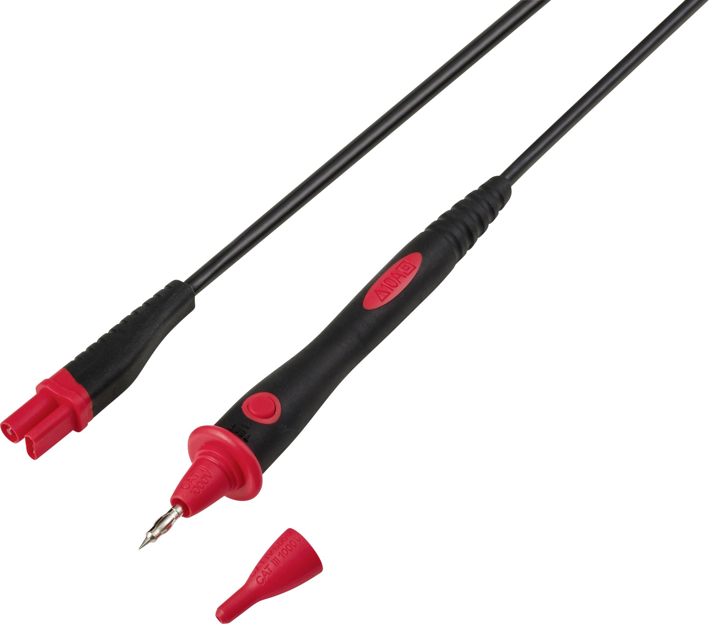 Red and black electrical test probe with a pointed metal tip and detachable cap, used for measuring voltage or testing circuits.