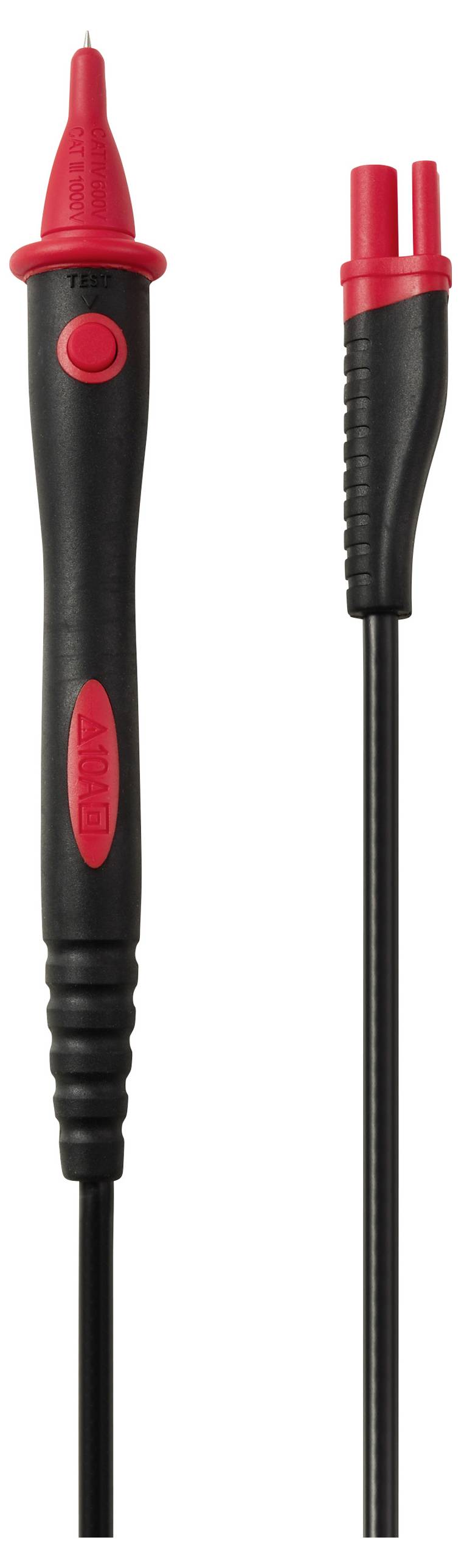 A black and red electrical probe with a pointed tip and a dual connector at the end of a cable.