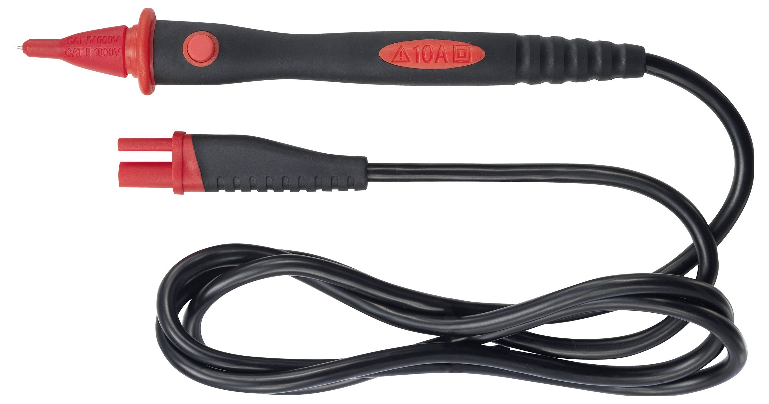 A red and black probe test lead with a coiled wire and a 10A mark.