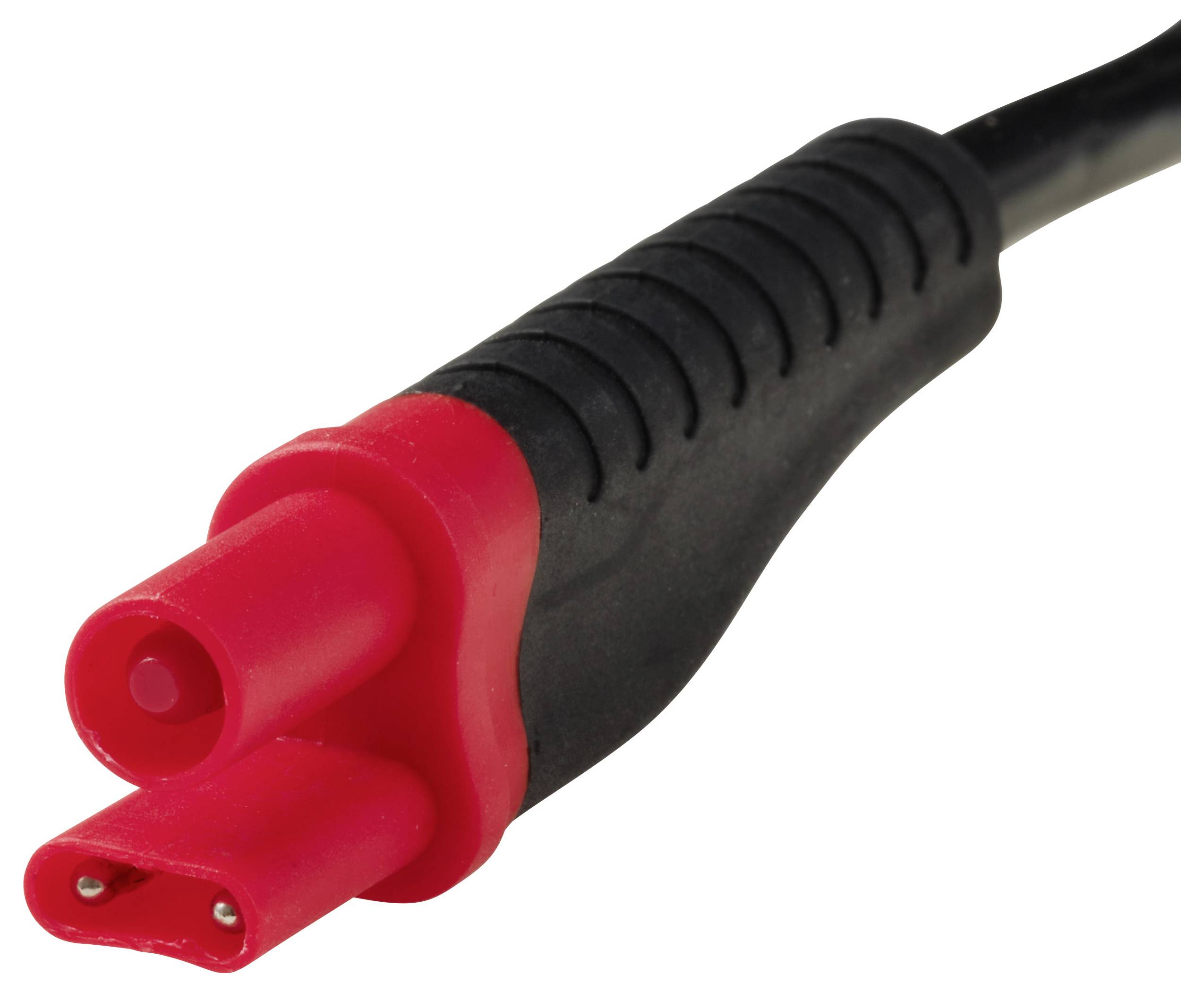 A red and black electrical connector cable with a dual pin design, commonly used for power connections in electronic devices.