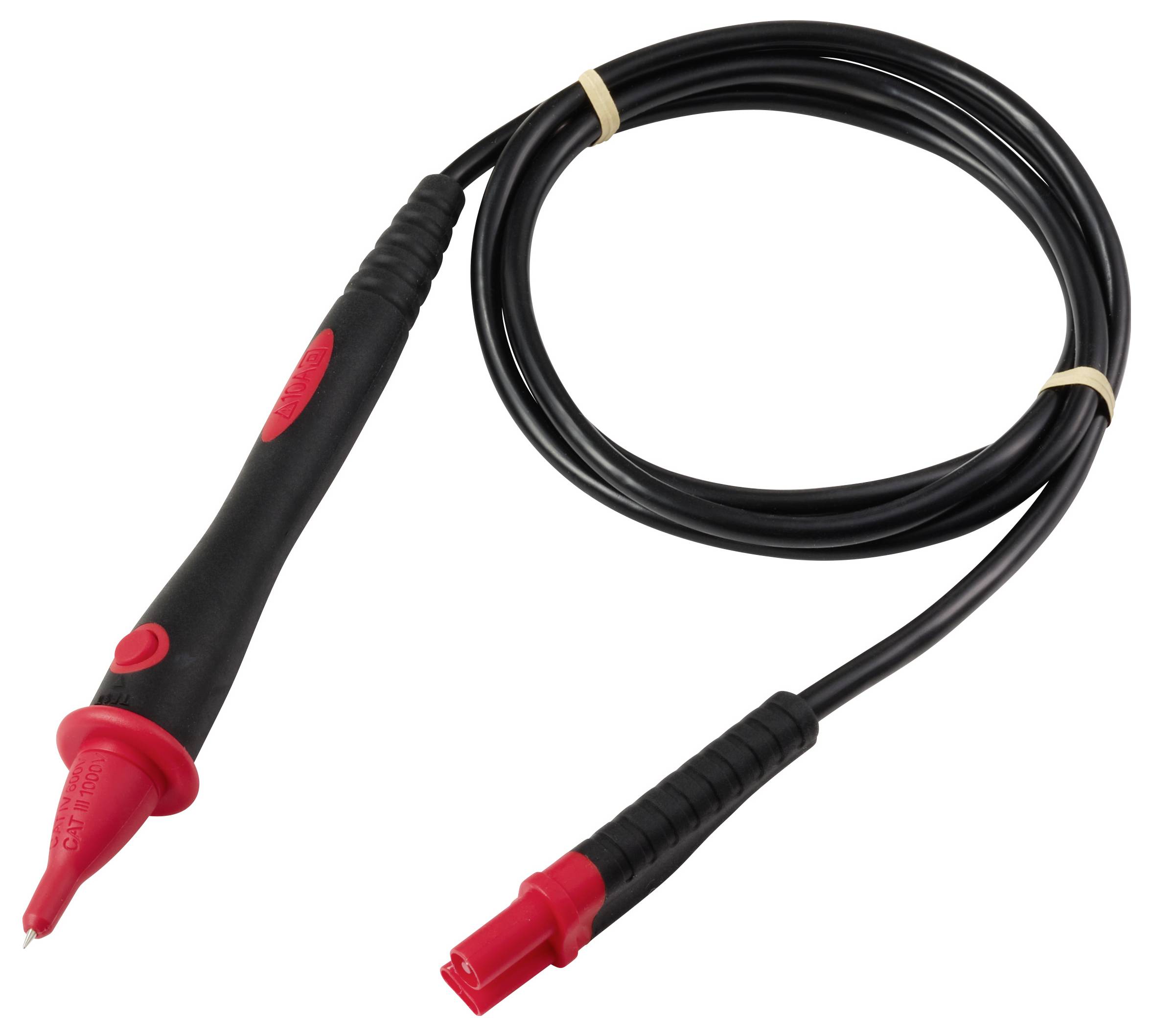 A black and red test probe cable with pointed tip and connector, coiled and ready for use in electrical testing tasks.