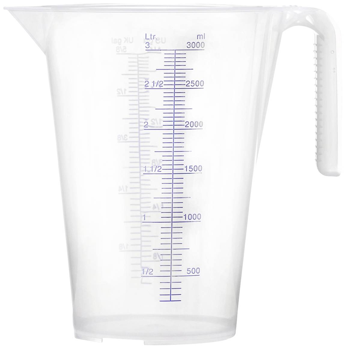 Measuring jug with handle showing measurement scale from 0 to 3000 ml and 0 to 3 litres.