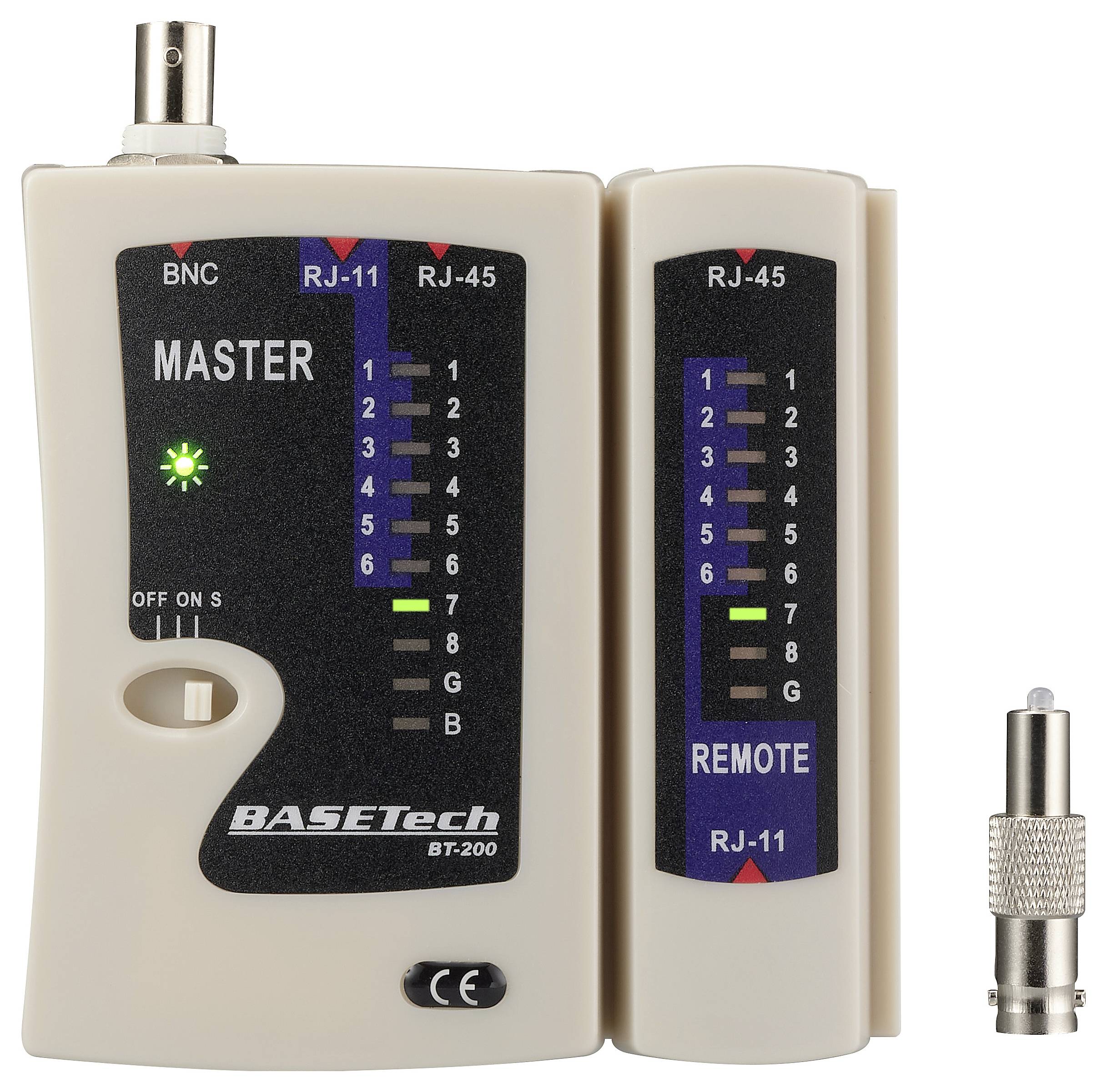 'Basetech BT-200' network cable tester with master and remote units, showing signal indicators for BNC, RJ-11, and RJ-45 connections.