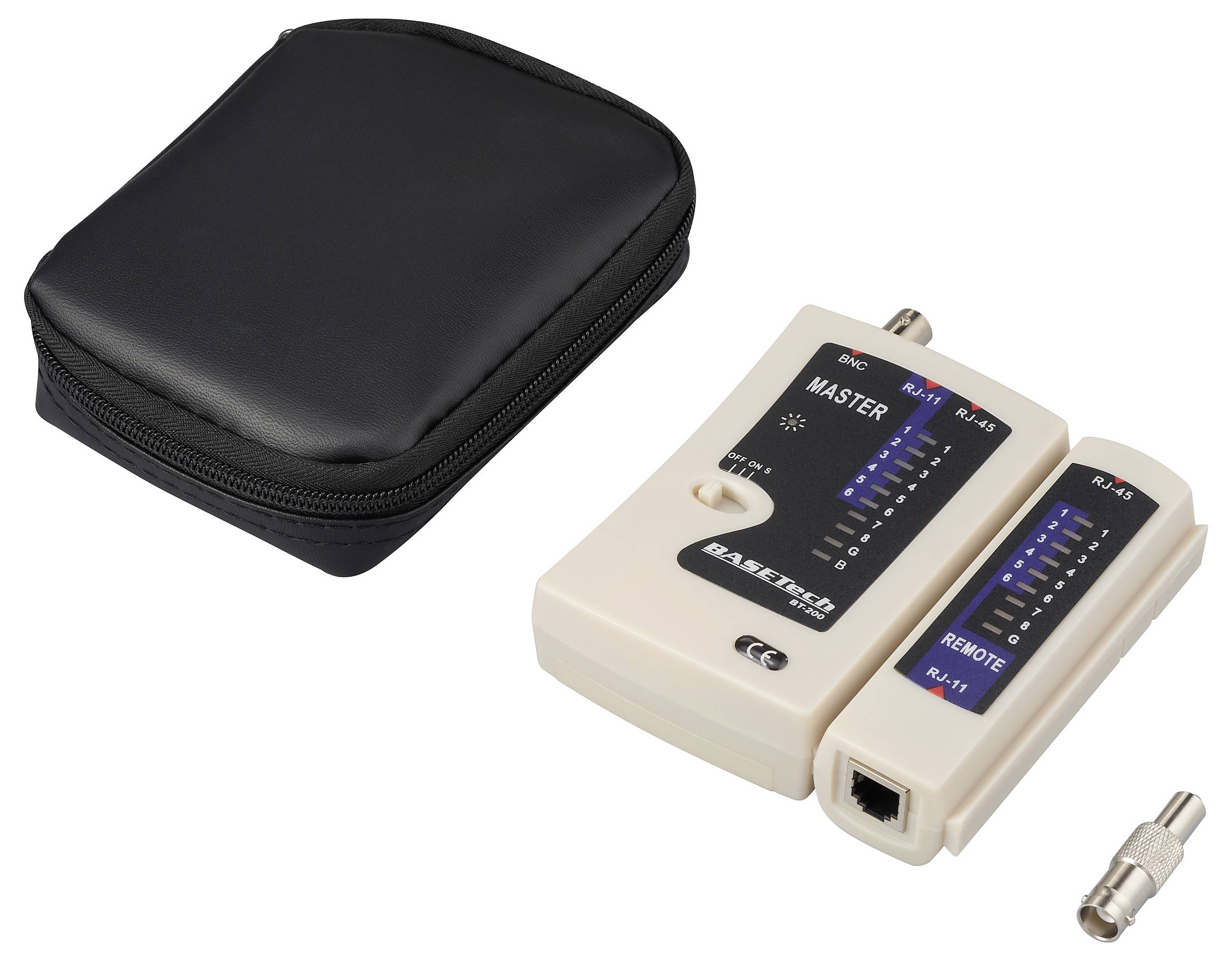 Network cable tester set with master and remote units, LED indicators, and carrying case.