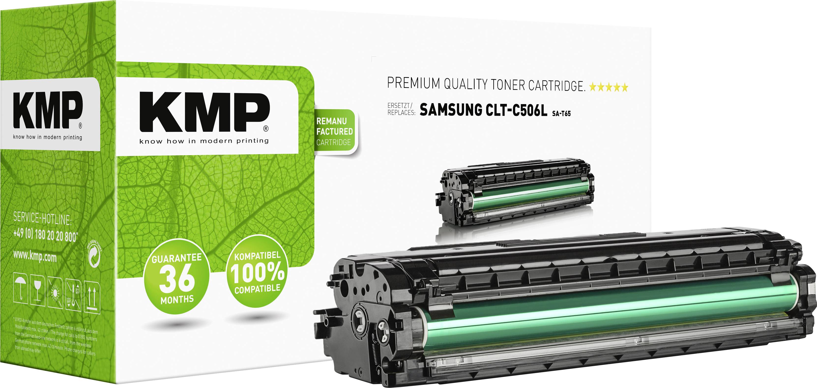 Toner cartridge in front of a package printed with 'KMP', 'Toner for Samsung CLT-C506L'. Packaging in green and white design.