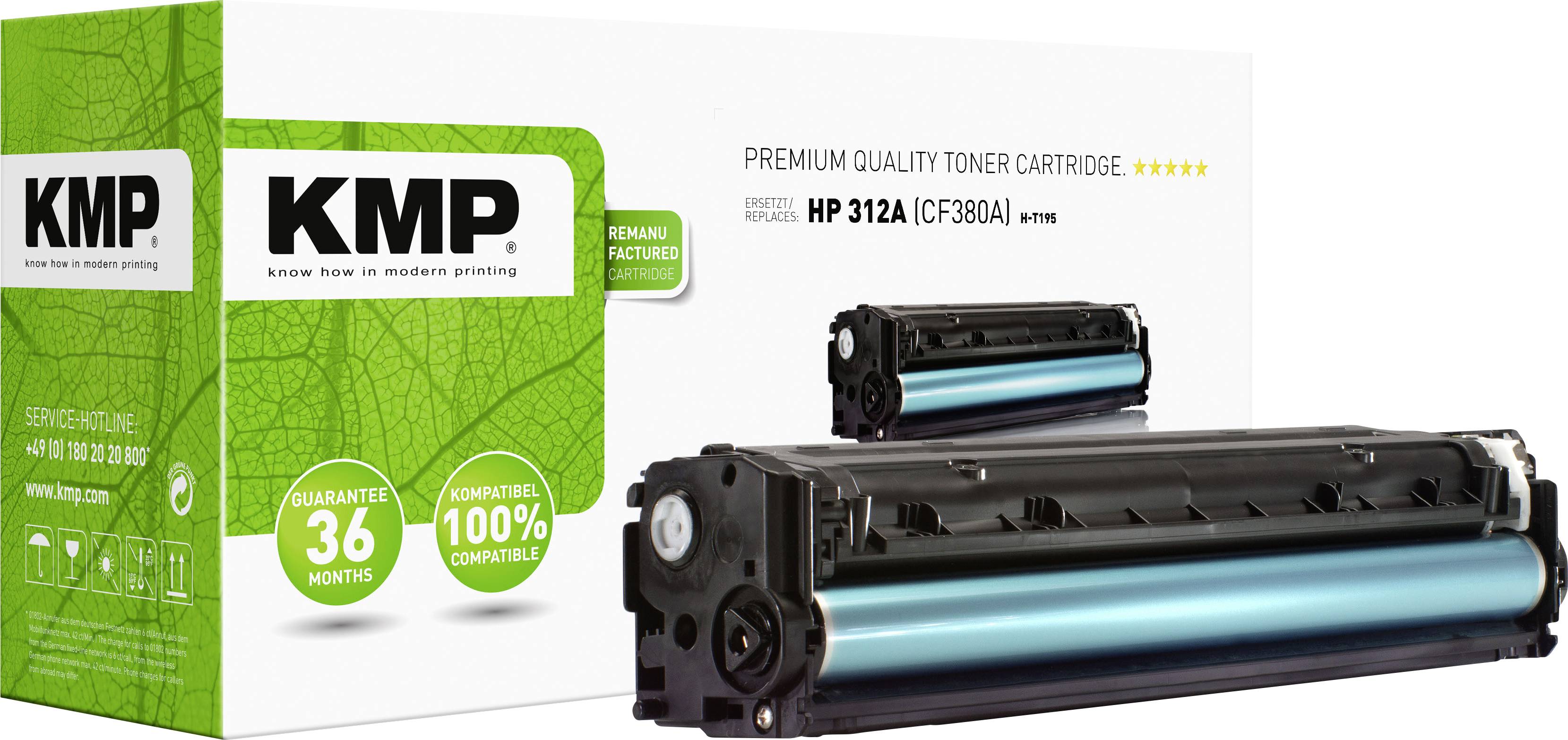 A KMP printer toner with packaging. On the packaging it reads: 'HP 312A (CF380A)'. Suitable for specific HP printer models.