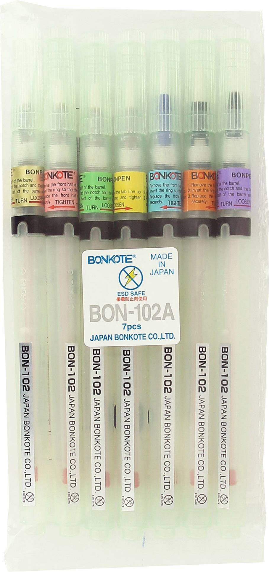 Set of seven Bon-102A pens by BONKOTE, in a transparent packaging, with various coloured labels. Manufactured in Japan.